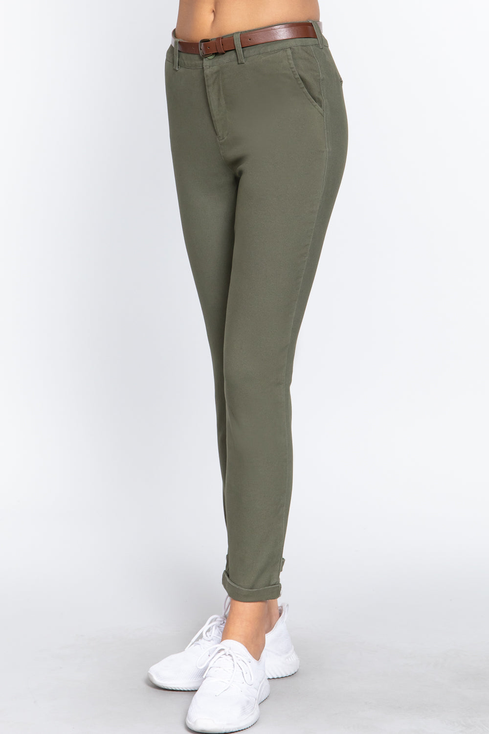 Olive Cotton-span Twill Belted Long Pants - Katherine Jean