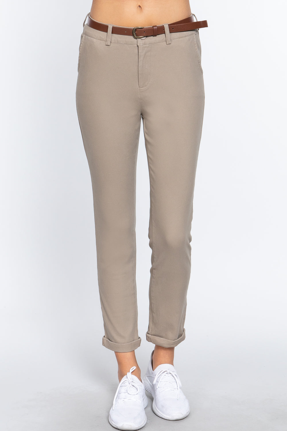 Sand Taupe Cotton-span Twill Belted Long Pants - Katherine Jean