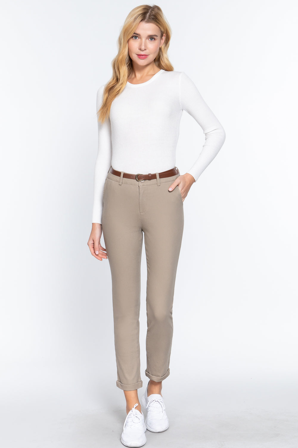 Sand Taupe Cotton-span Twill Belted Long Pants - Katherine Jean