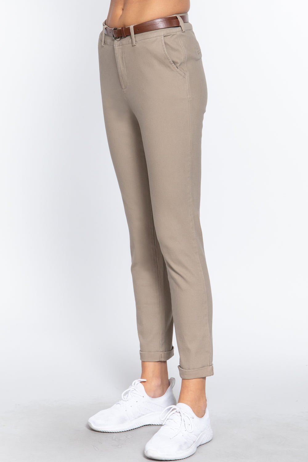 Sand Taupe Cotton-span Twill Belted Long Pants - Katherine Jean