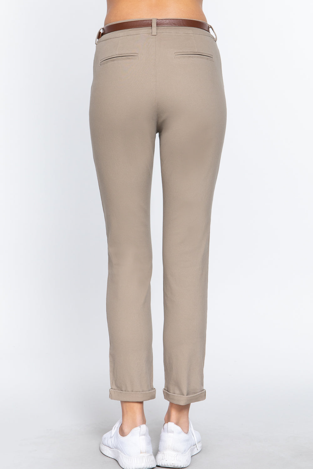 Sand Taupe Cotton-span Twill Belted Long Pants - Katherine Jean