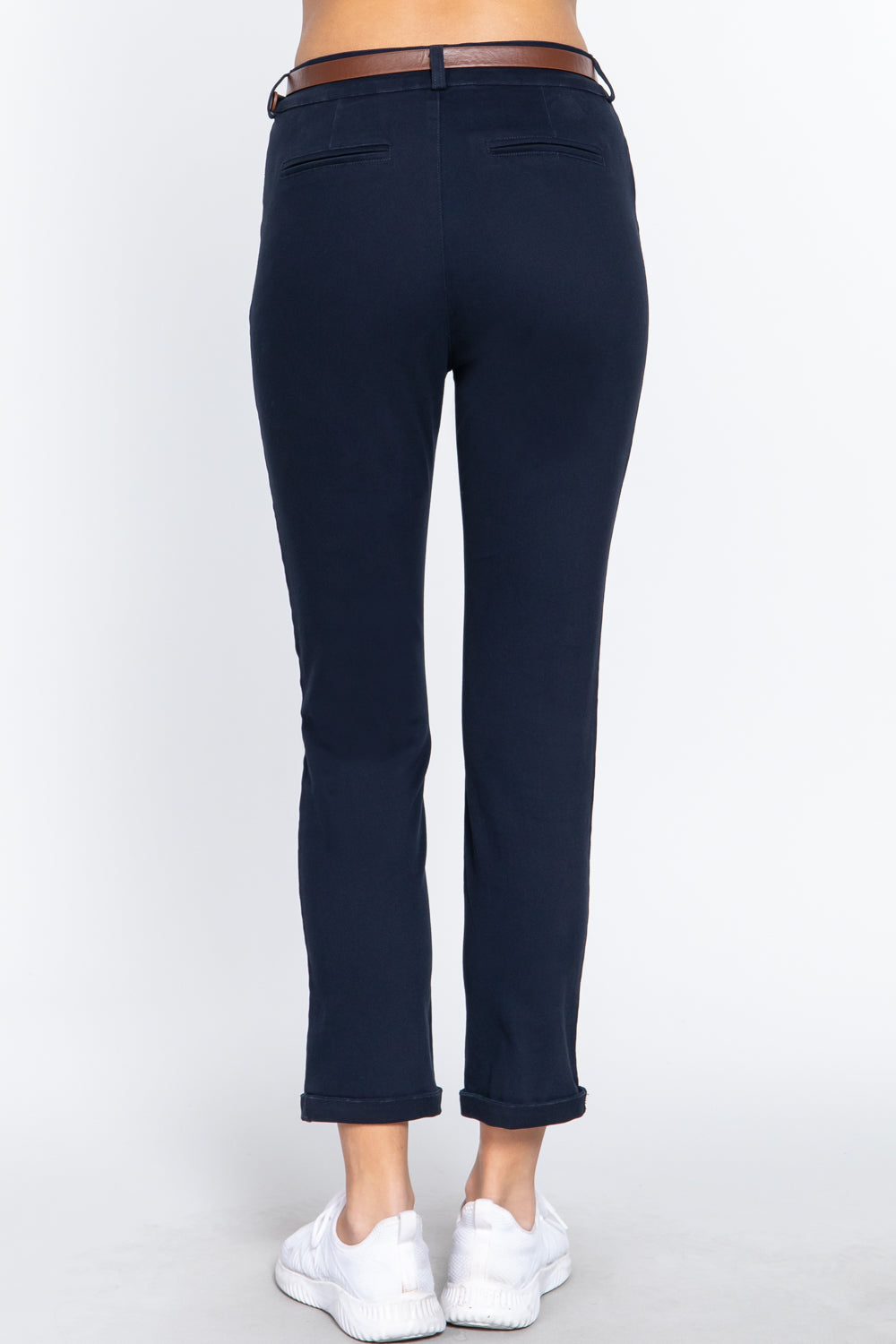 Dark Navy Cotton-span Twill Belted Long Pants - Katherine Jean