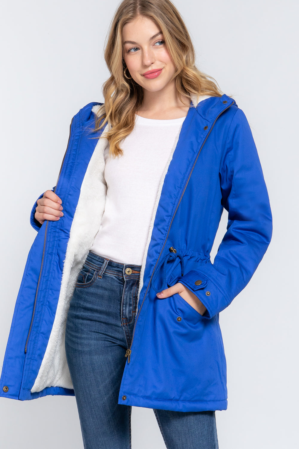 Royal Blue Fleece Lined Fur Hoodie Utility Jacket - Katherine Jean