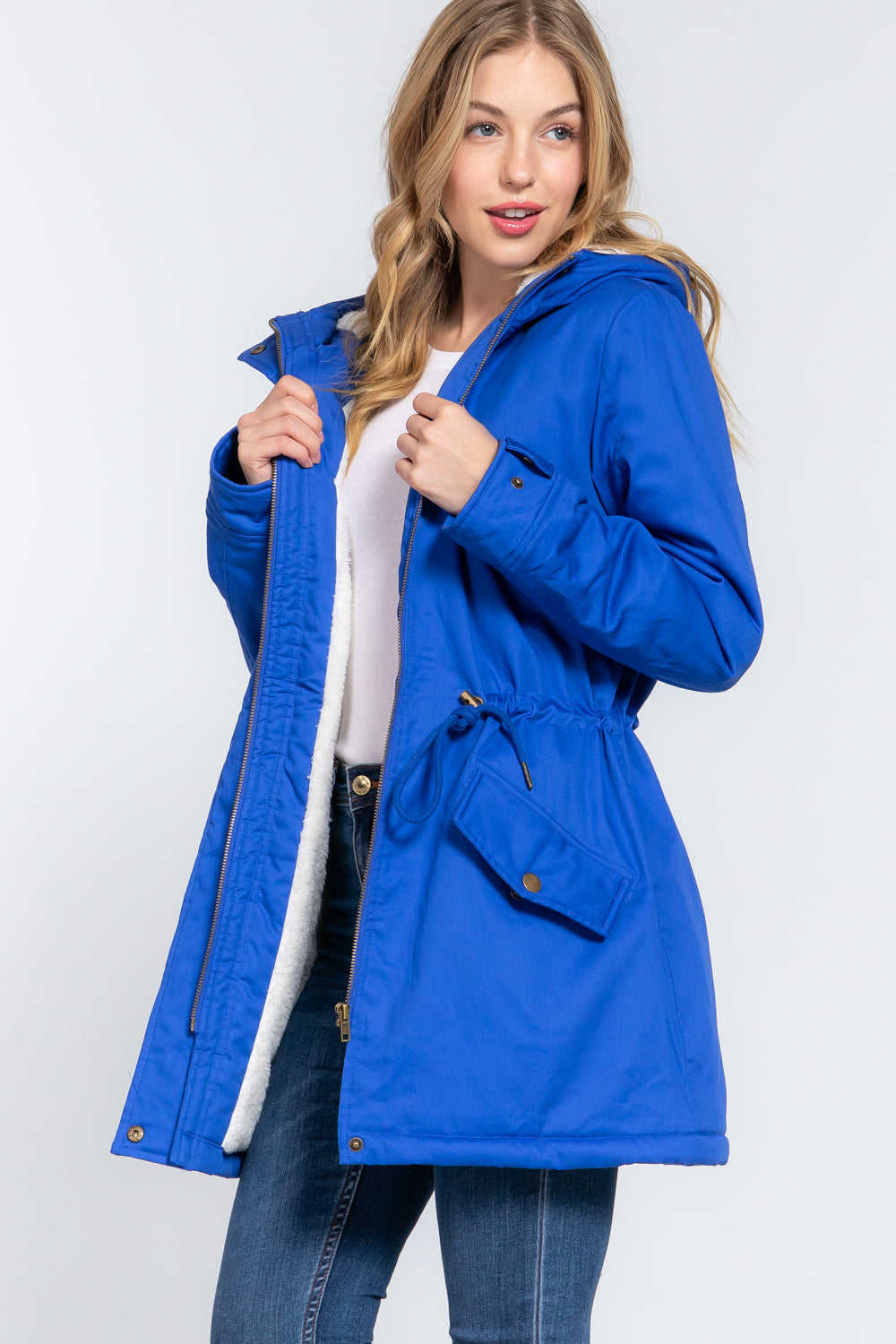 Royal Blue Fleece Lined Fur Hoodie Utility Jacket - Katherine Jean