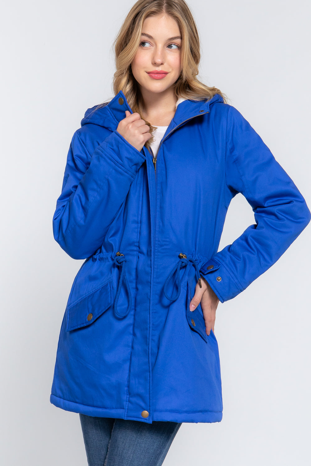 Royal Blue Fleece Lined Fur Hoodie Utility Jacket - Katherine Jean