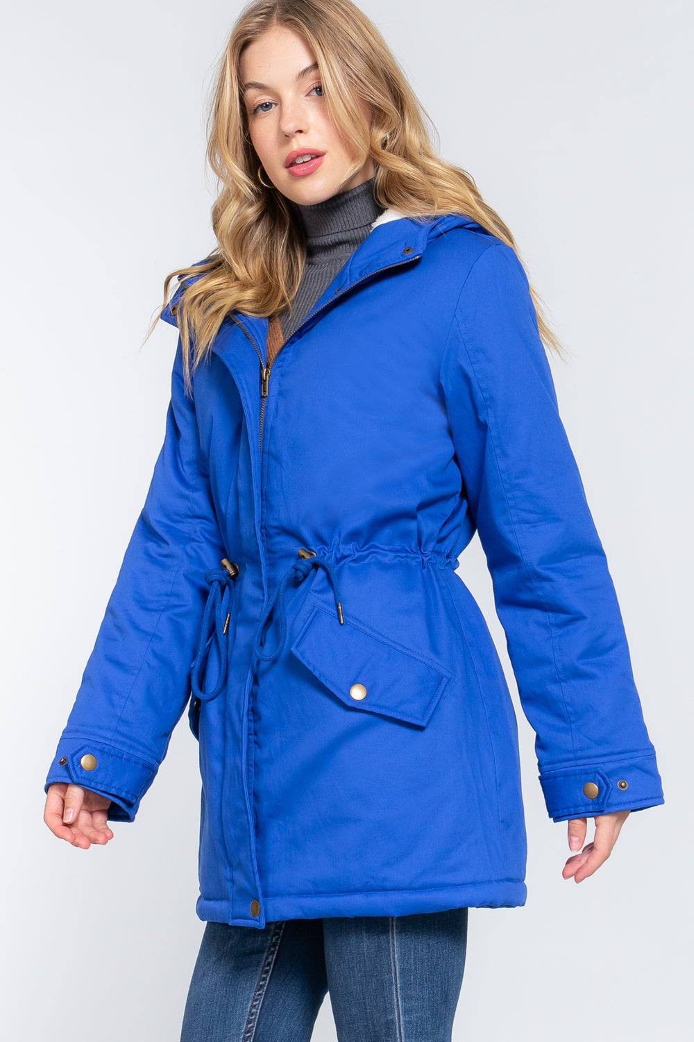 Royal Blue Fleece Lined Fur Hoodie Utility Jacket - Katherine Jean