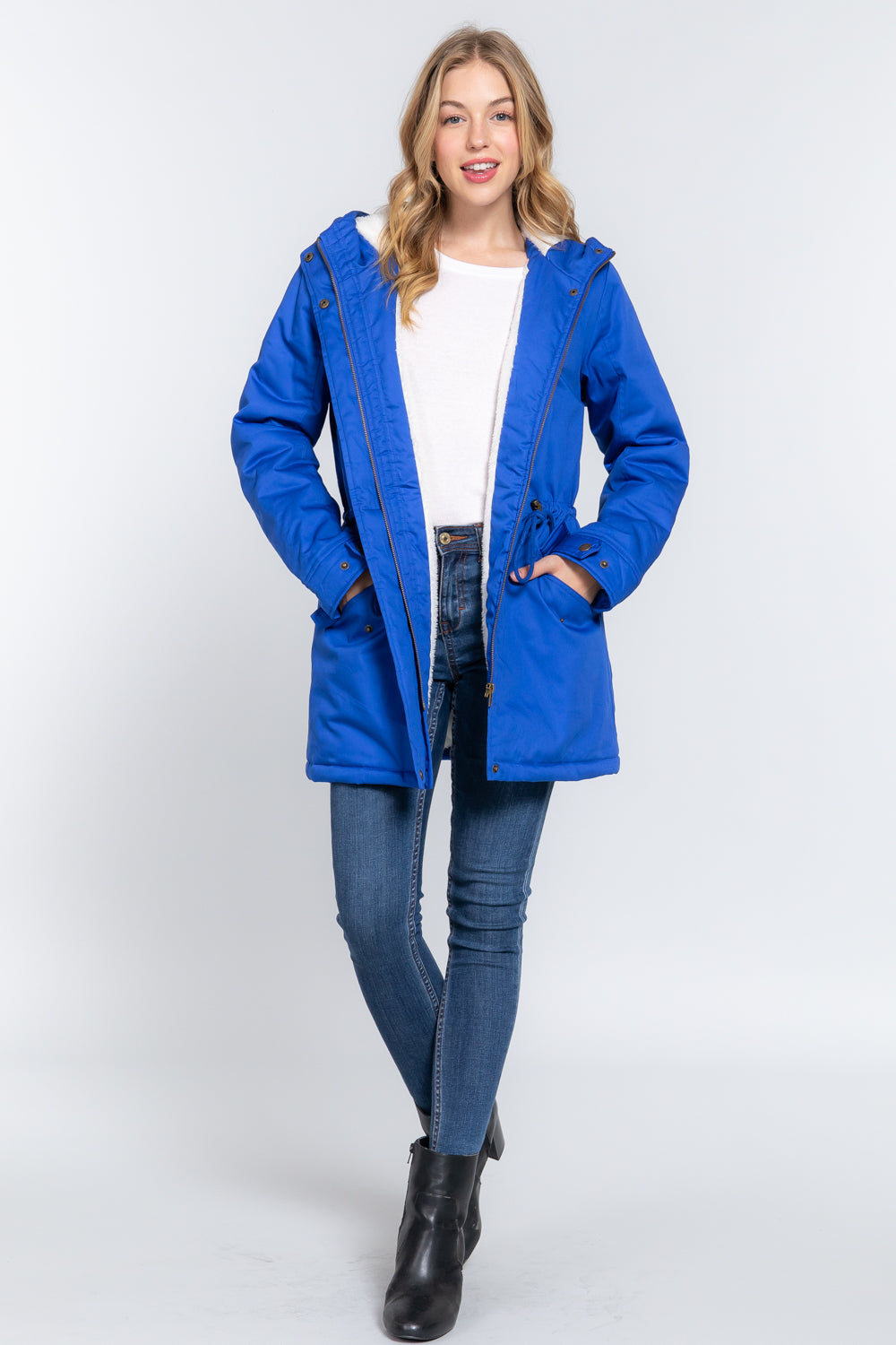 Royal Blue Fleece Lined Fur Hoodie Utility Jacket - Katherine Jean