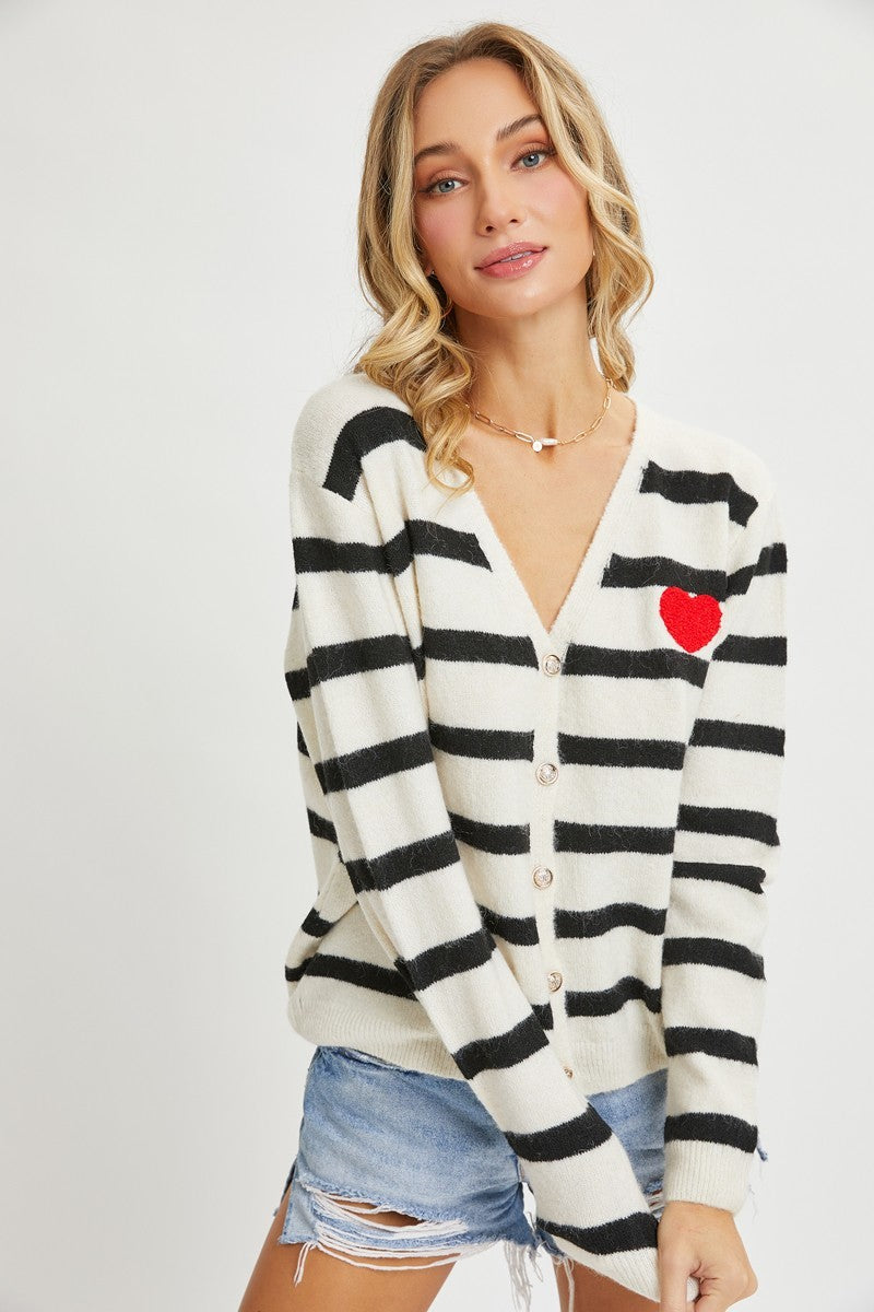 Striped Cardigan With Heart Patch - Katherine Jean