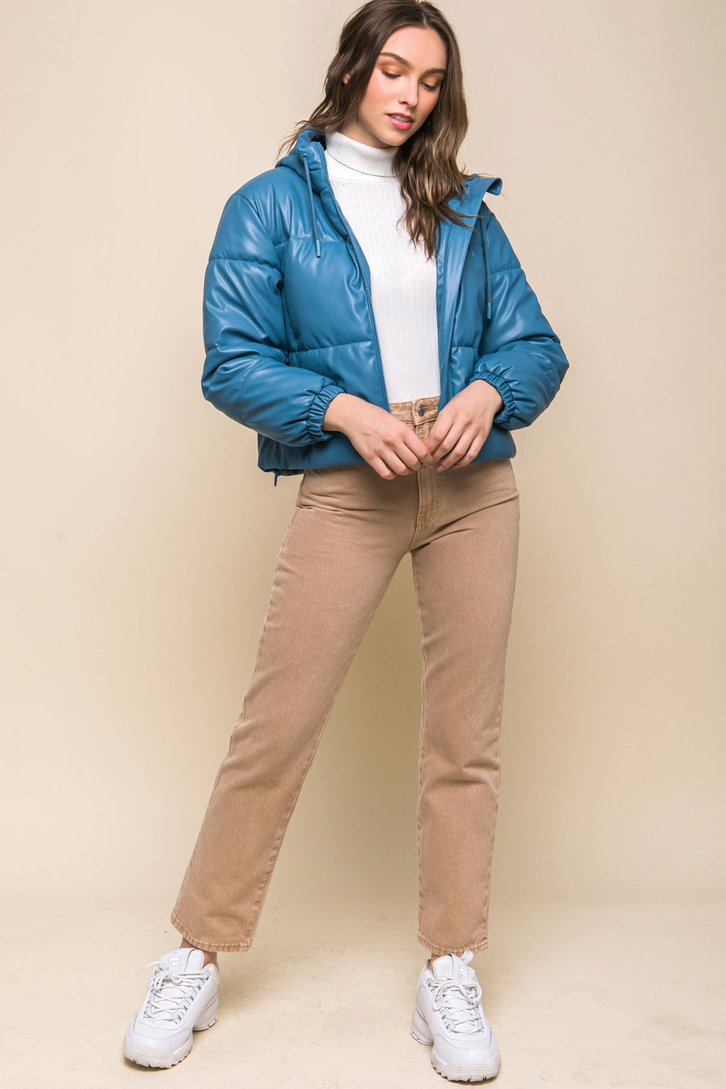 Azure Faux Leather Zipper Hooded Puffer Jacket - Katherine Jean
