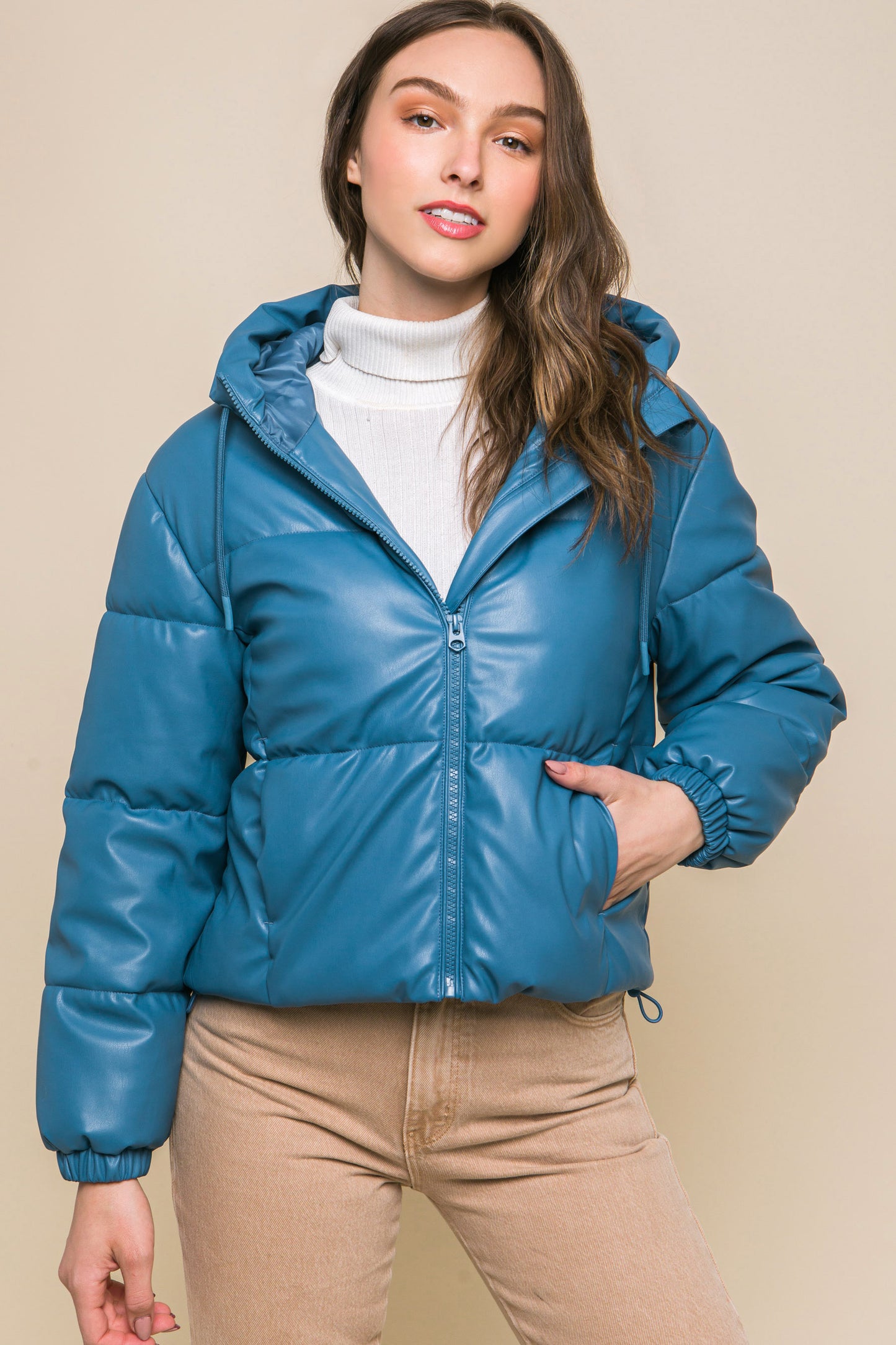 Azure Faux Leather Zipper Hooded Puffer Jacket - Katherine Jean