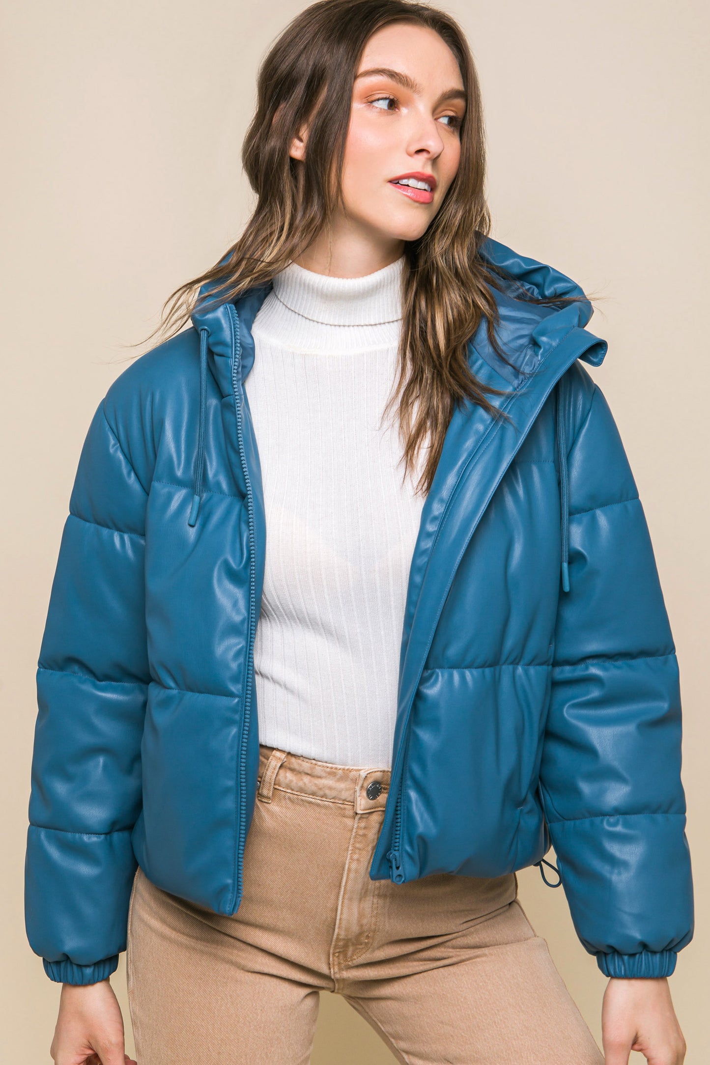 Azure Faux Leather Zipper Hooded Puffer Jacket - Katherine Jean
