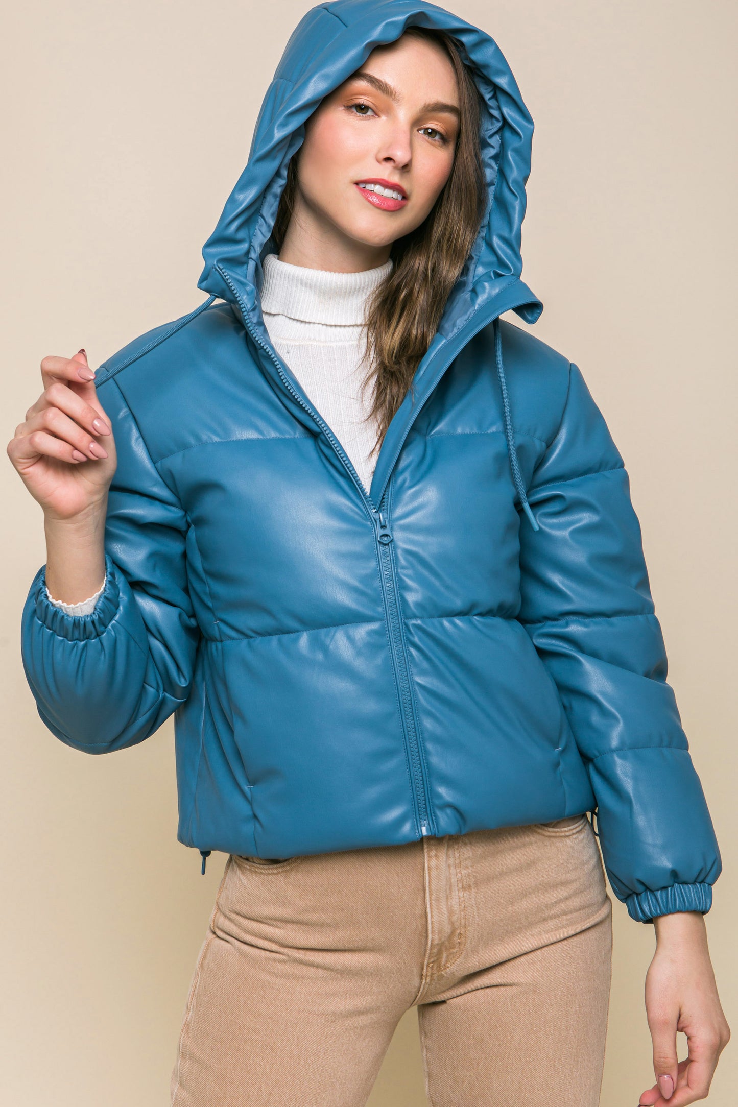 Azure Faux Leather Zipper Hooded Puffer Jacket - Katherine Jean
