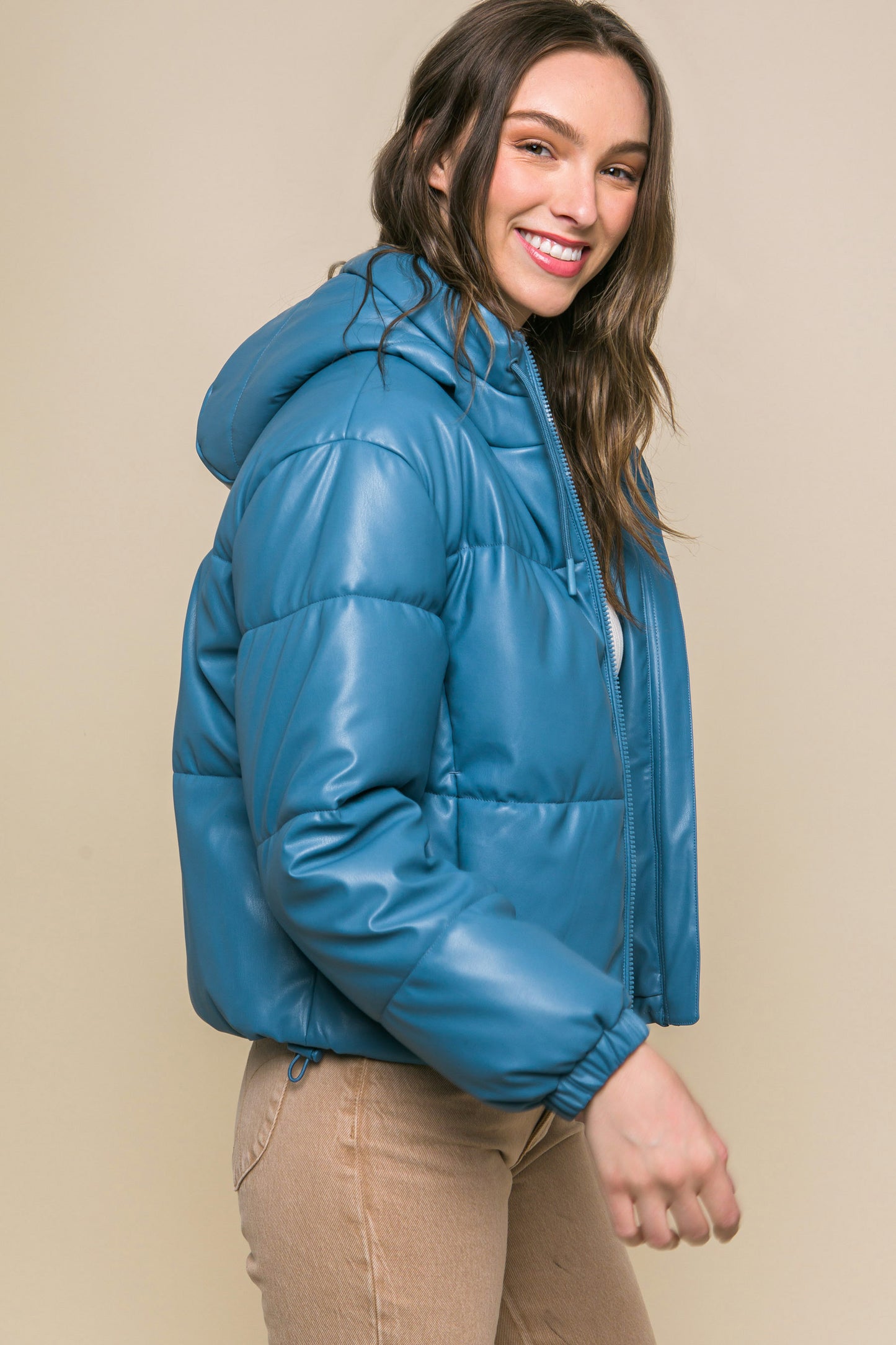 Azure Faux Leather Zipper Hooded Puffer Jacket - Katherine Jean