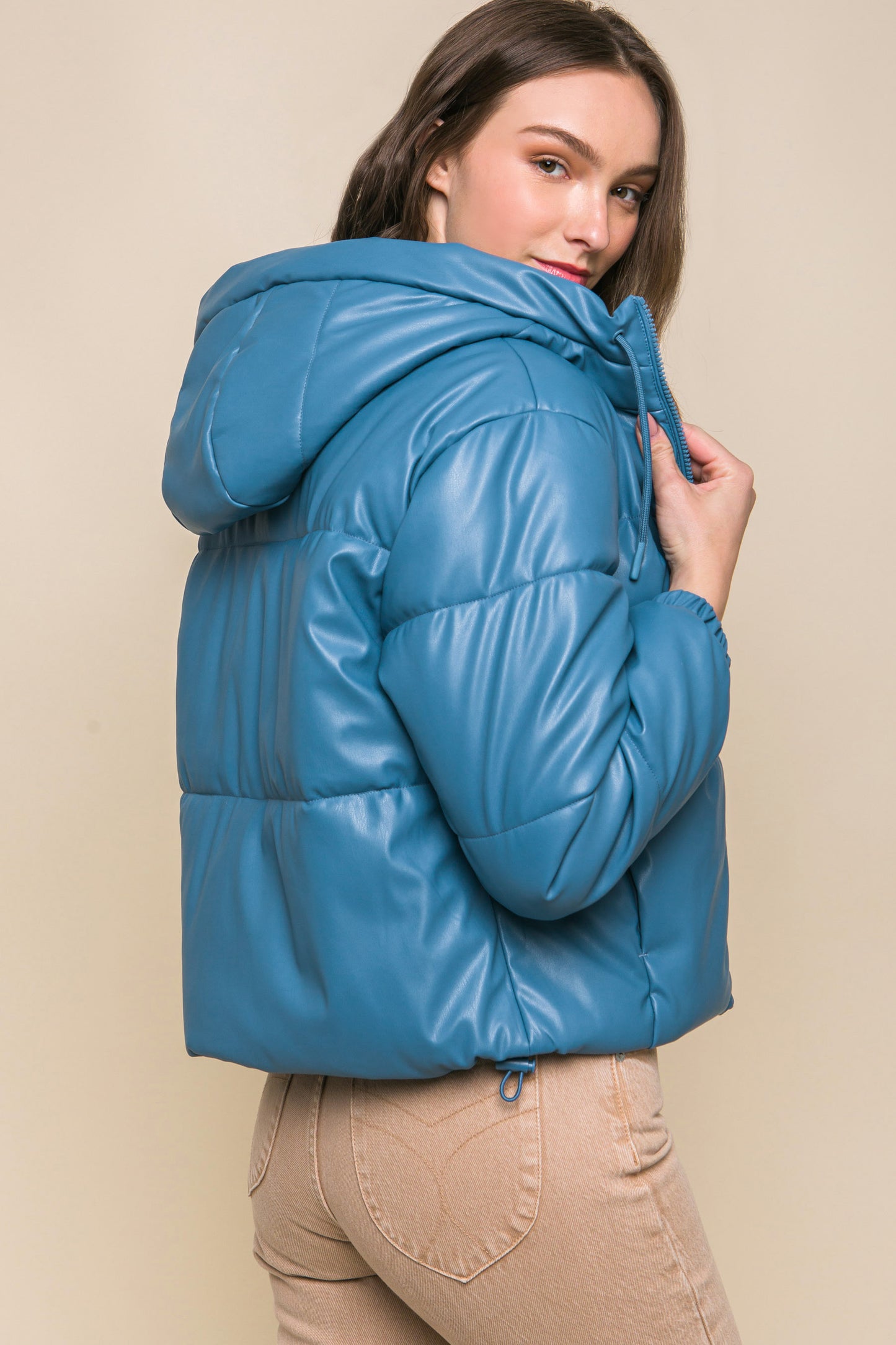 Azure Faux Leather Zipper Hooded Puffer Jacket - Katherine Jean