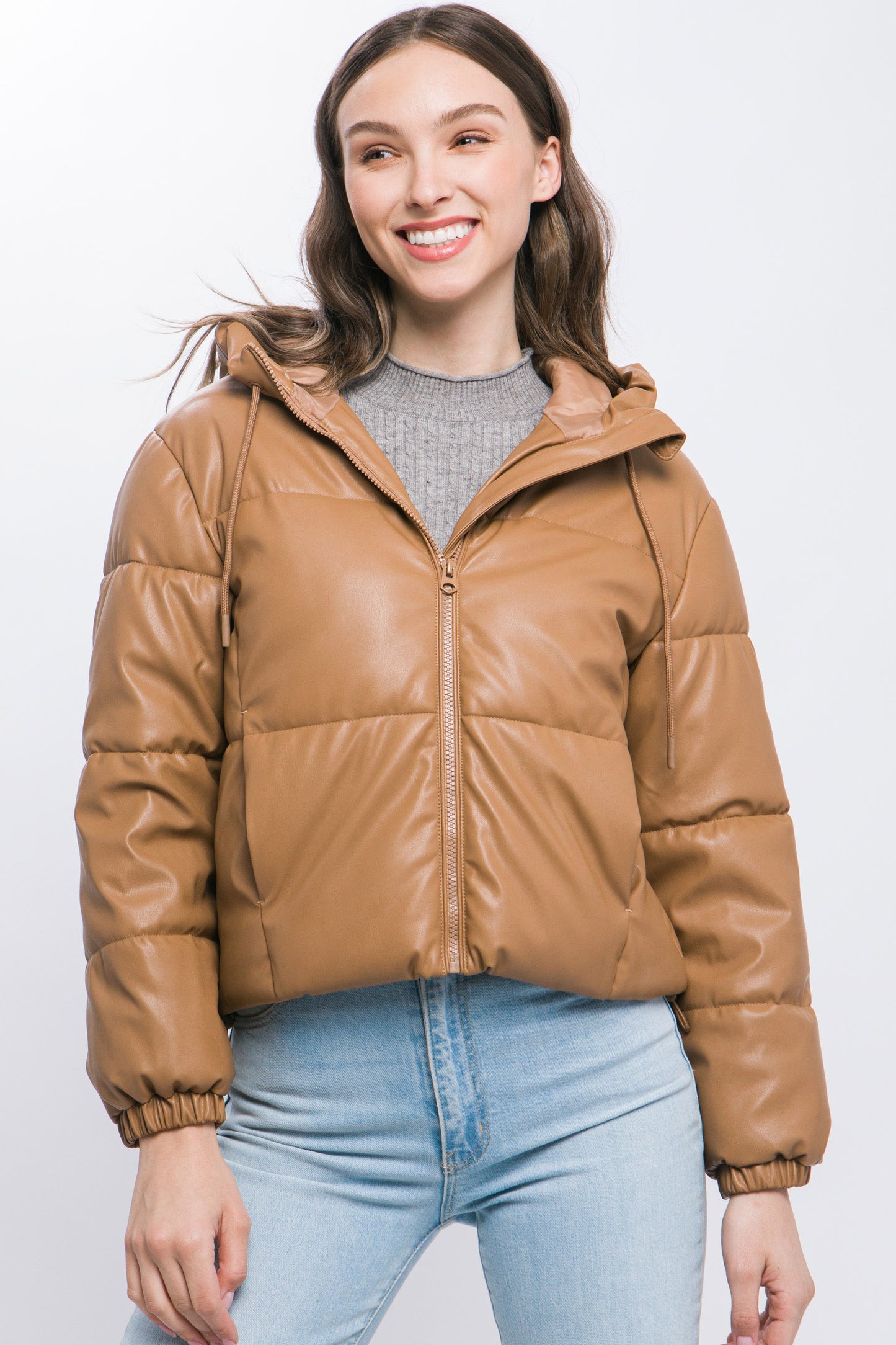 Camel Faux Leather Zipper Hooded Puffer Jacket - Katherine Jean