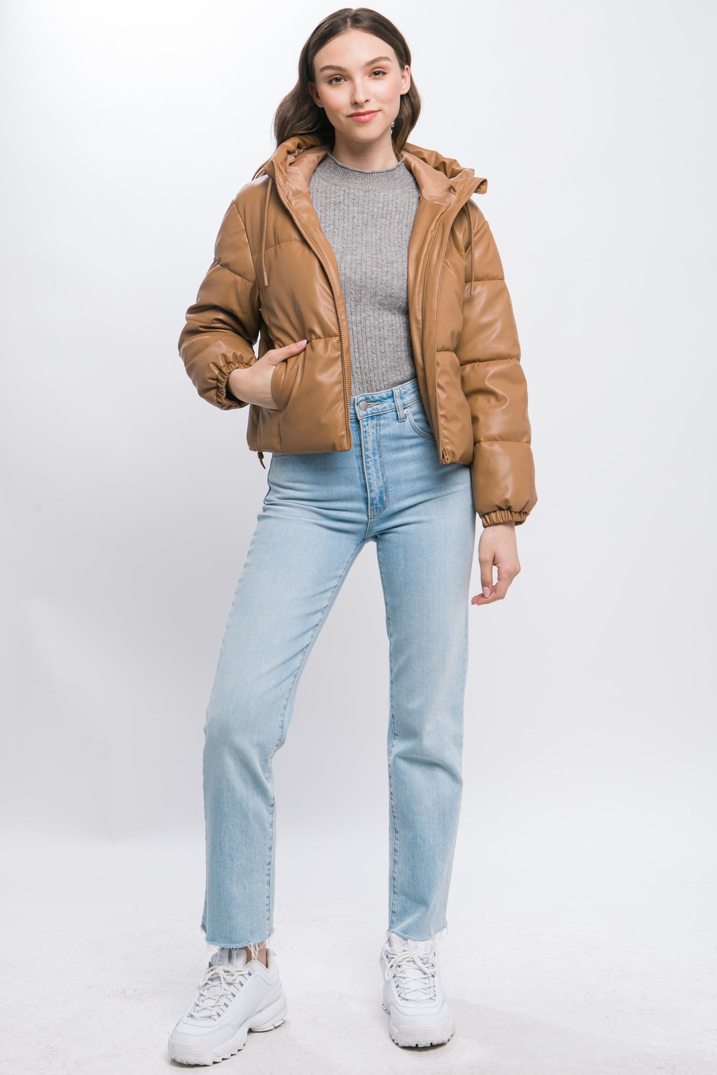 Camel Faux Leather Zipper Hooded Puffer Jacket - Katherine Jean