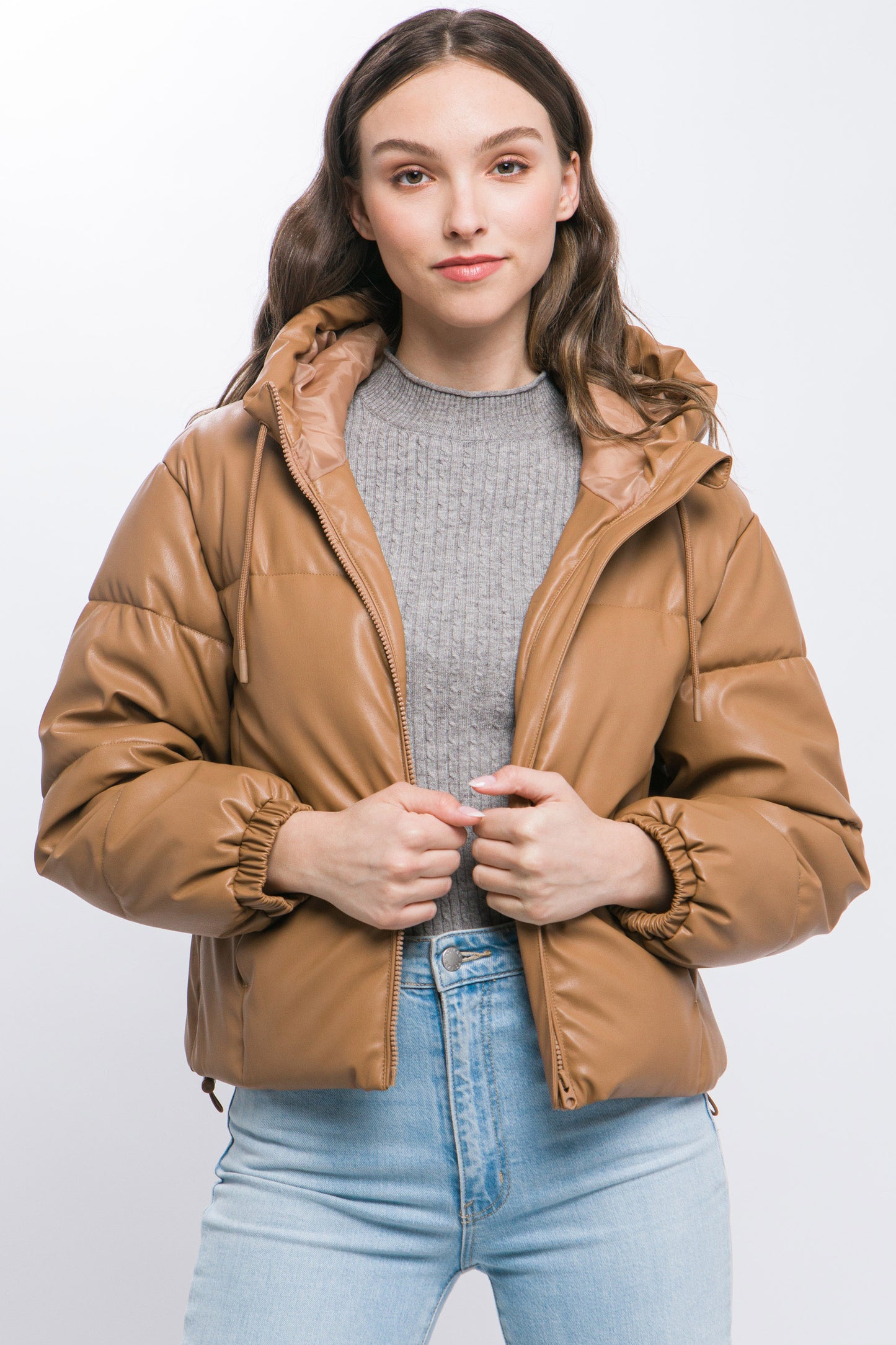 Camel Faux Leather Zipper Hooded Puffer Jacket - Katherine Jean