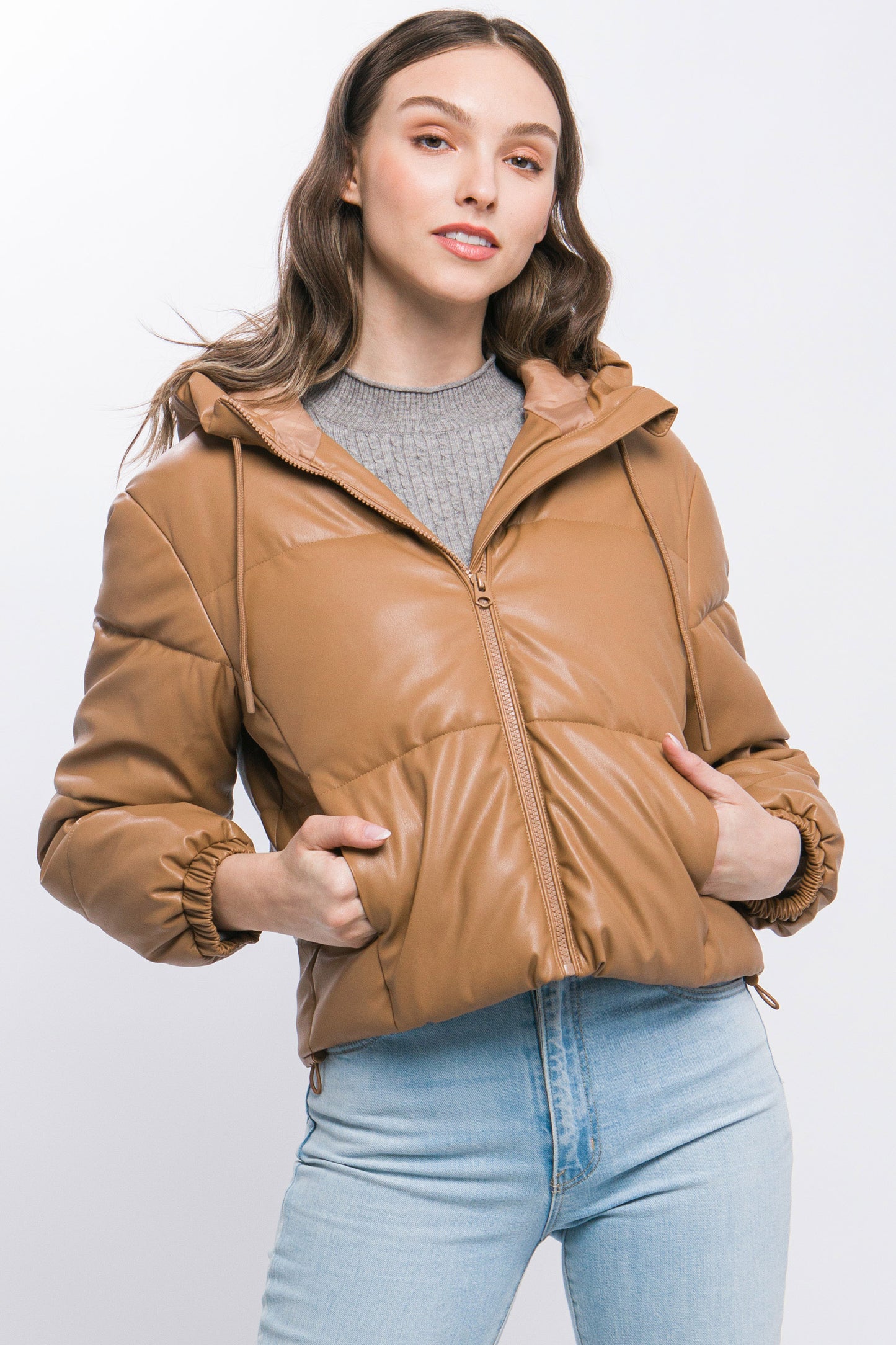 Camel Faux Leather Zipper Hooded Puffer Jacket - Katherine Jean