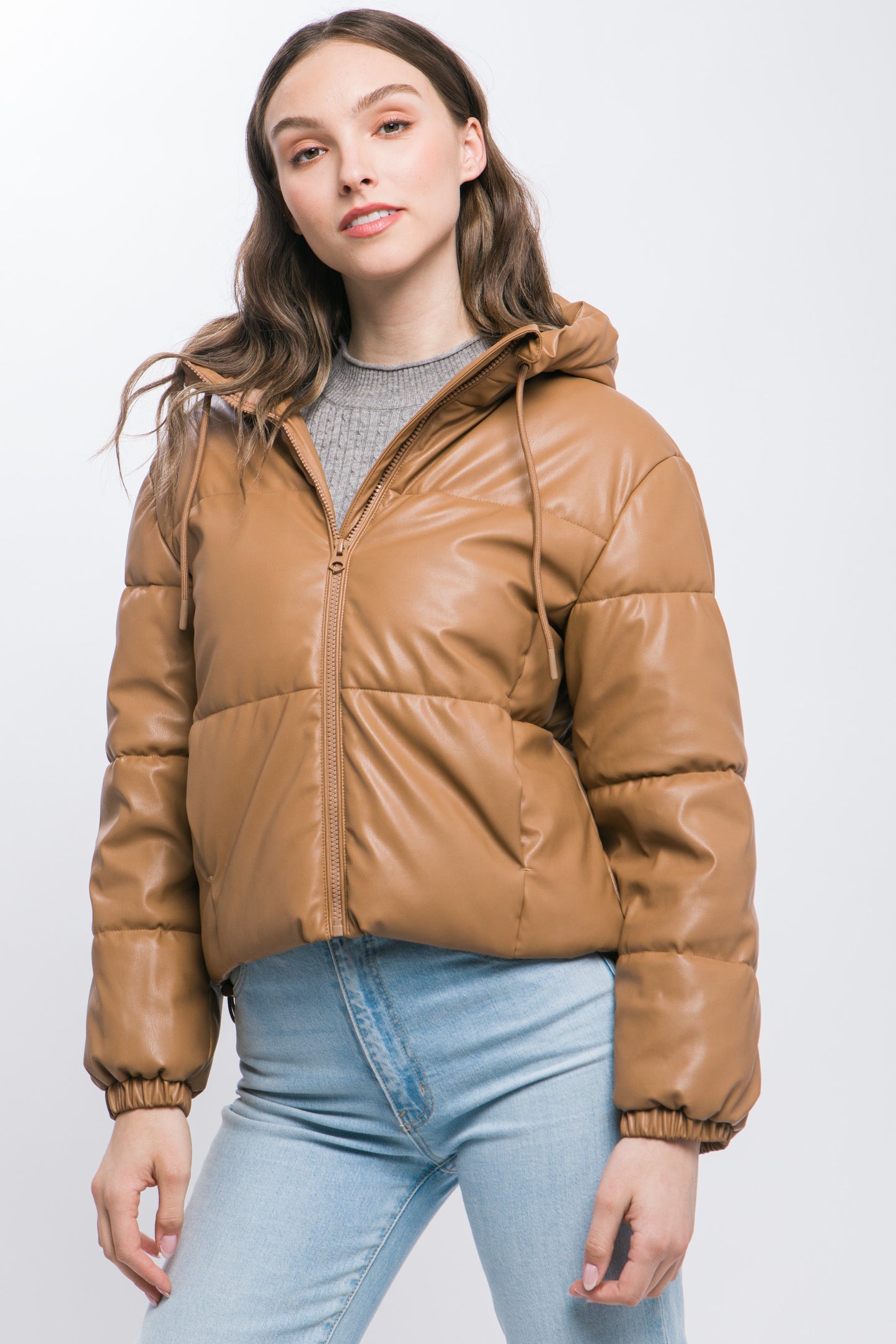 Camel Faux Leather Zipper Hooded Puffer Jacket - Katherine Jean