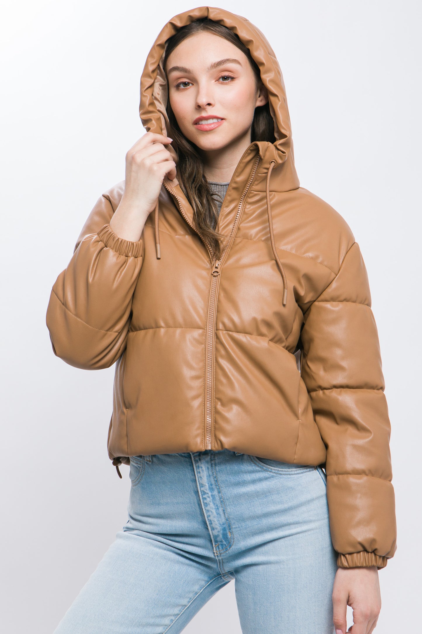 Camel Faux Leather Zipper Hooded Puffer Jacket - Katherine Jean