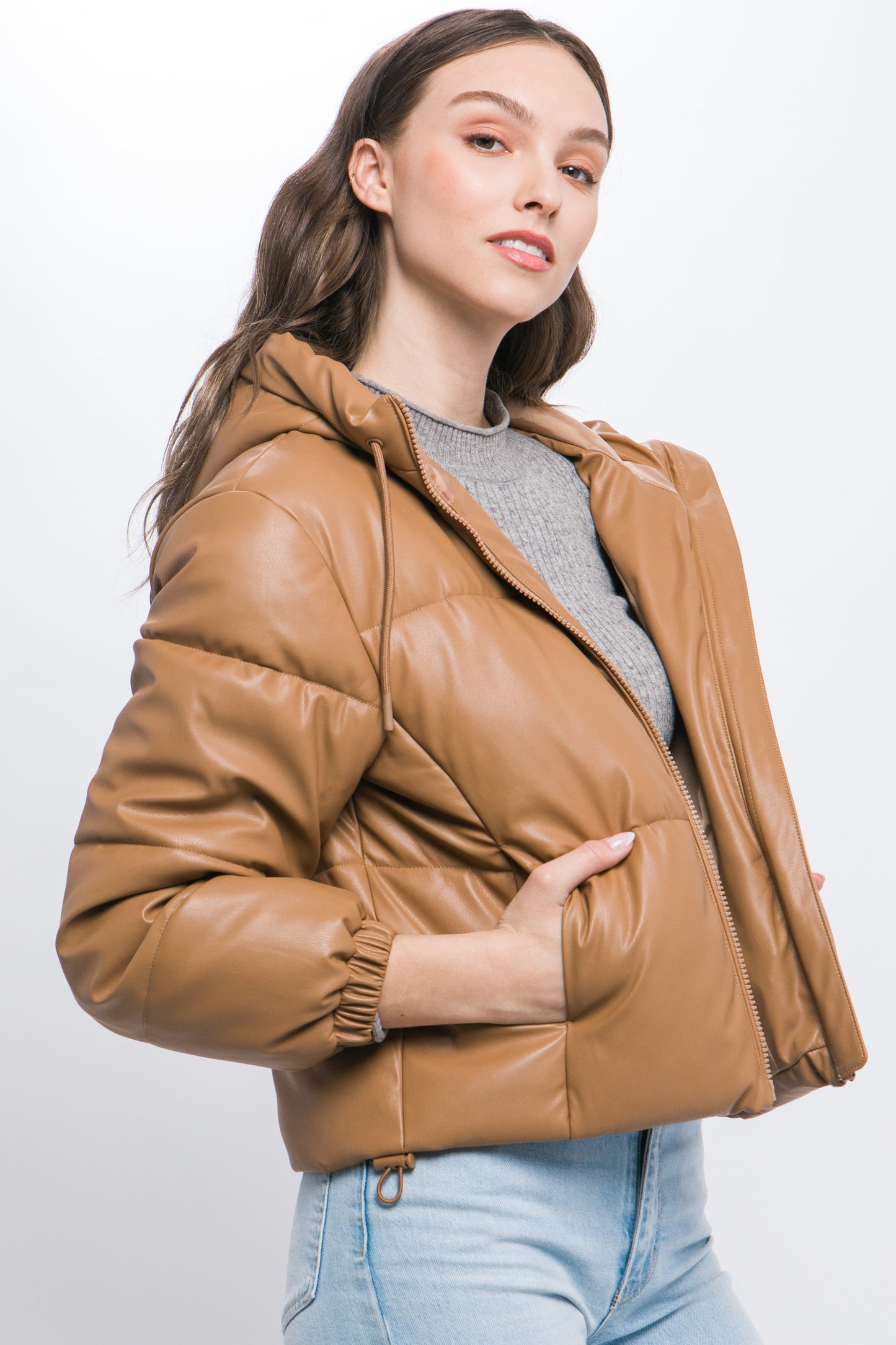 Camel Faux Leather Zipper Hooded Puffer Jacket - Katherine Jean