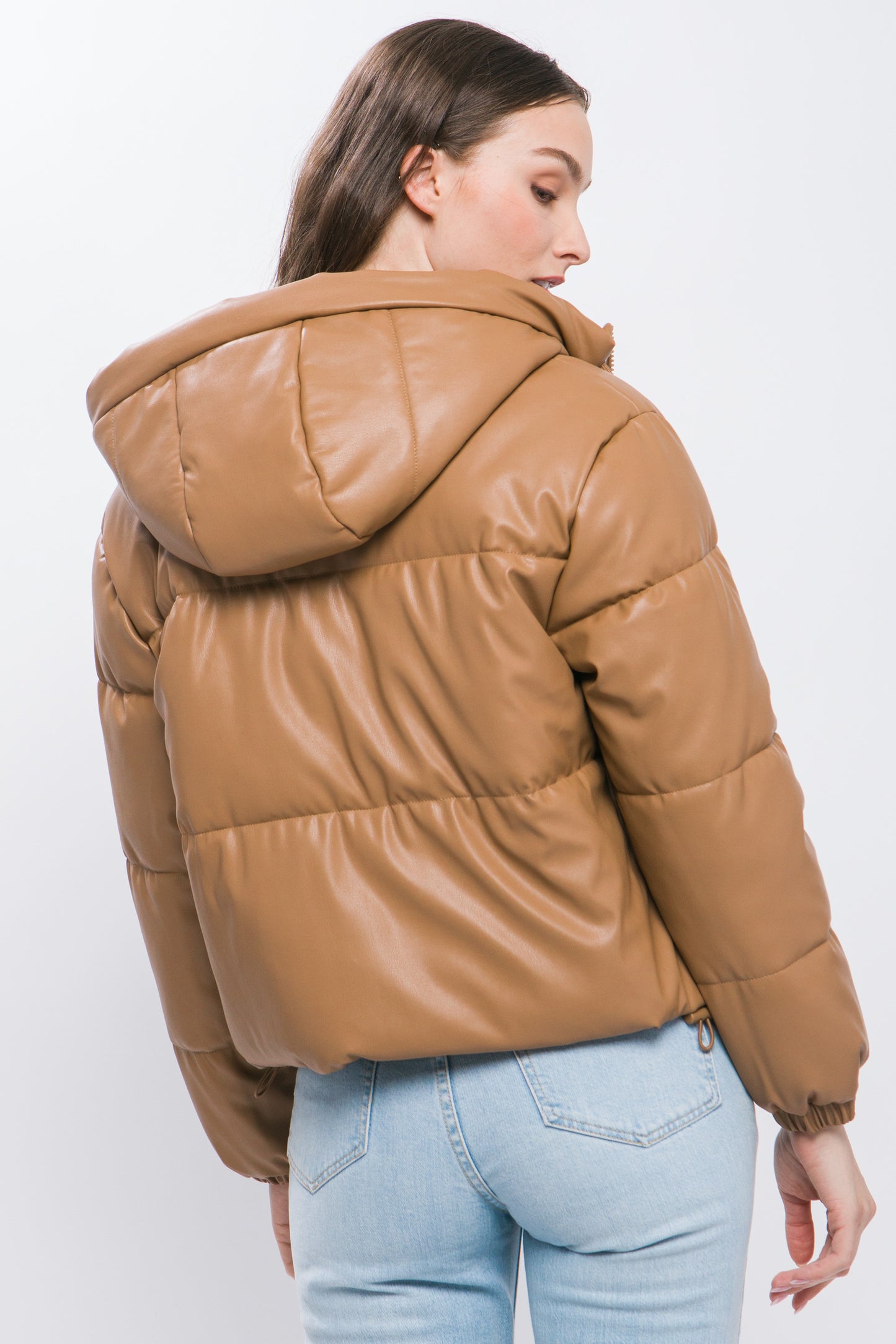 Camel Faux Leather Zipper Hooded Puffer Jacket - Katherine Jean