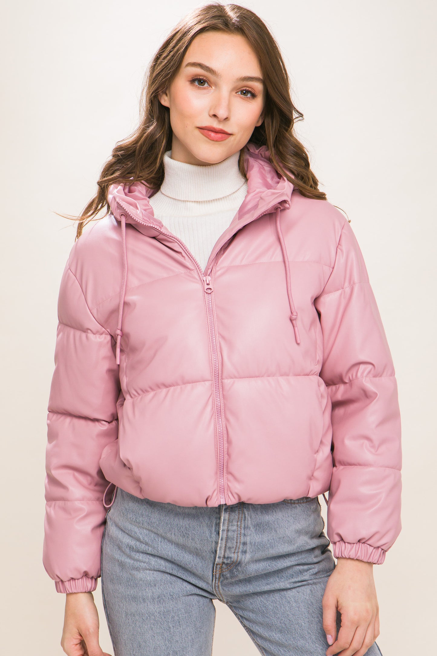 Pink Faux Leather Zipper Hooded Puffer Jacket - Katherine Jean