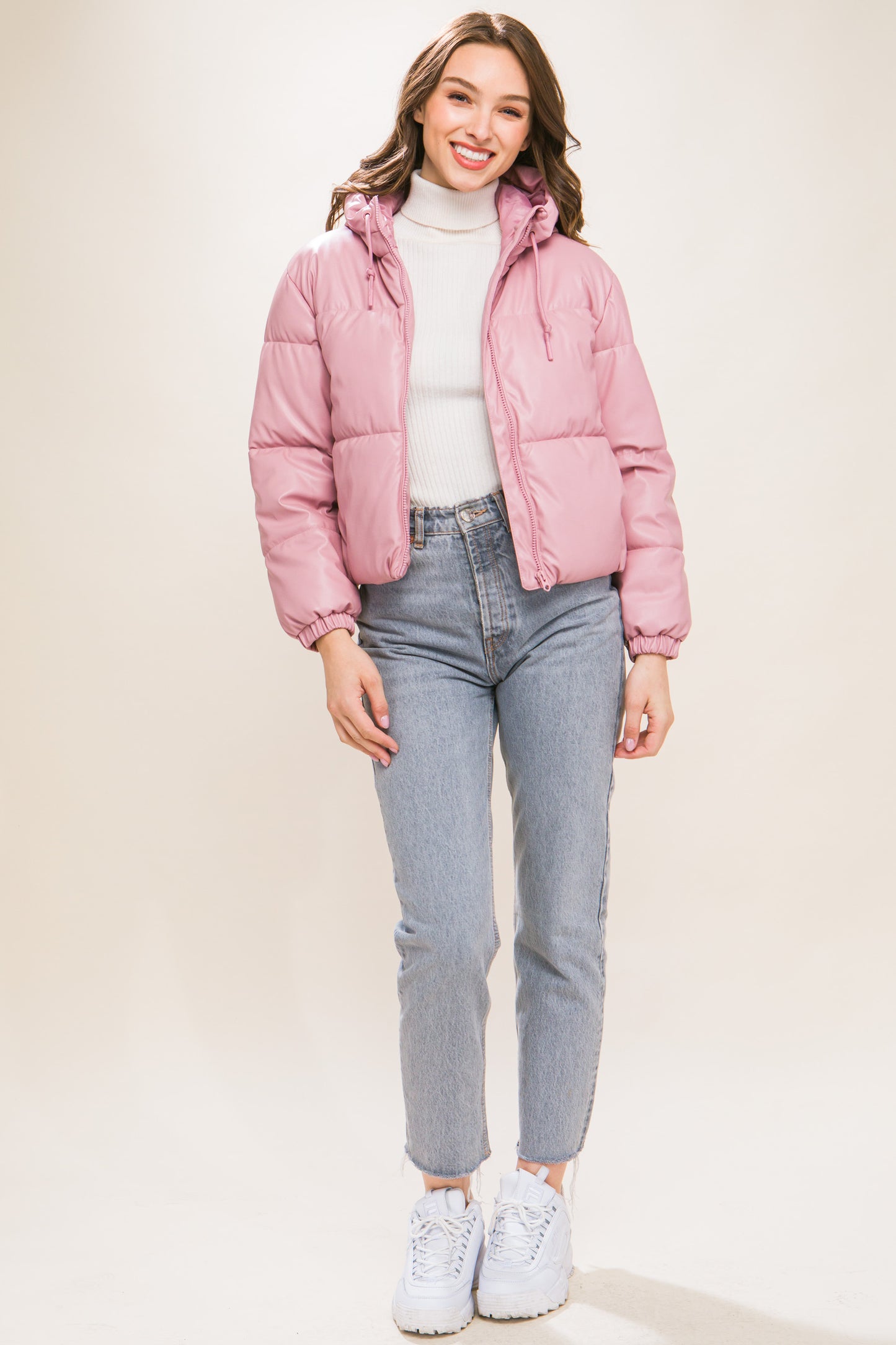 Pink Faux Leather Zipper Hooded Puffer Jacket - Katherine Jean