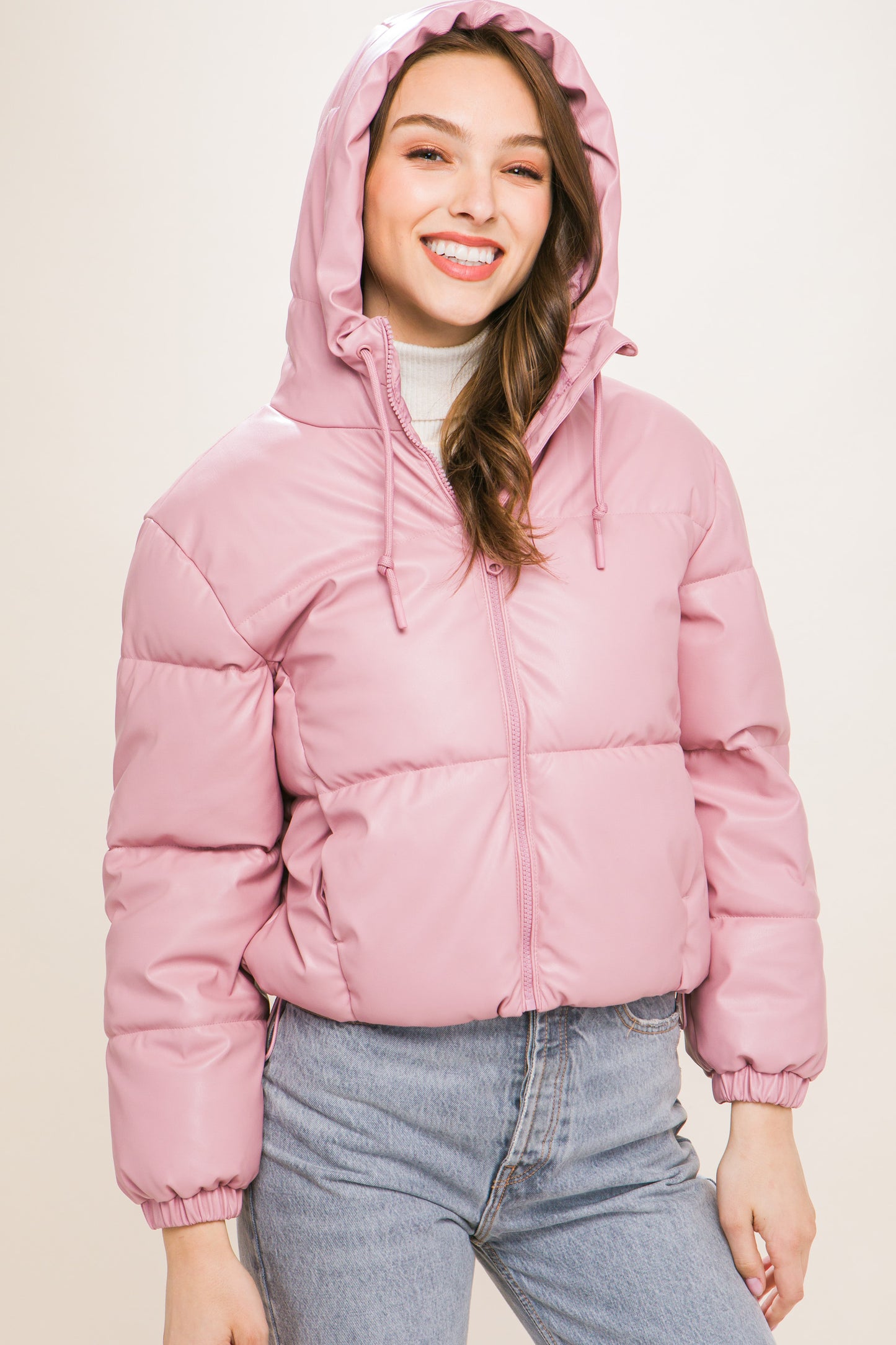 Pink Faux Leather Zipper Hooded Puffer Jacket - Katherine Jean