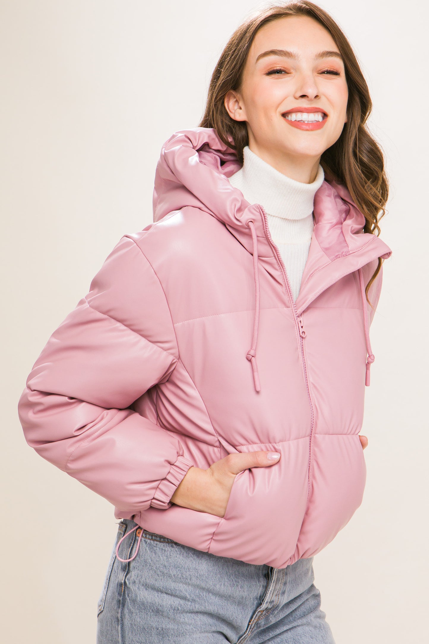 Pink Faux Leather Zipper Hooded Puffer Jacket - Katherine Jean
