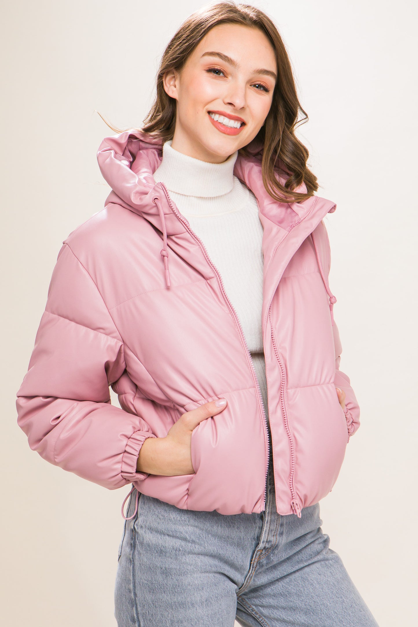 Pink Faux Leather Zipper Hooded Puffer Jacket - Katherine Jean