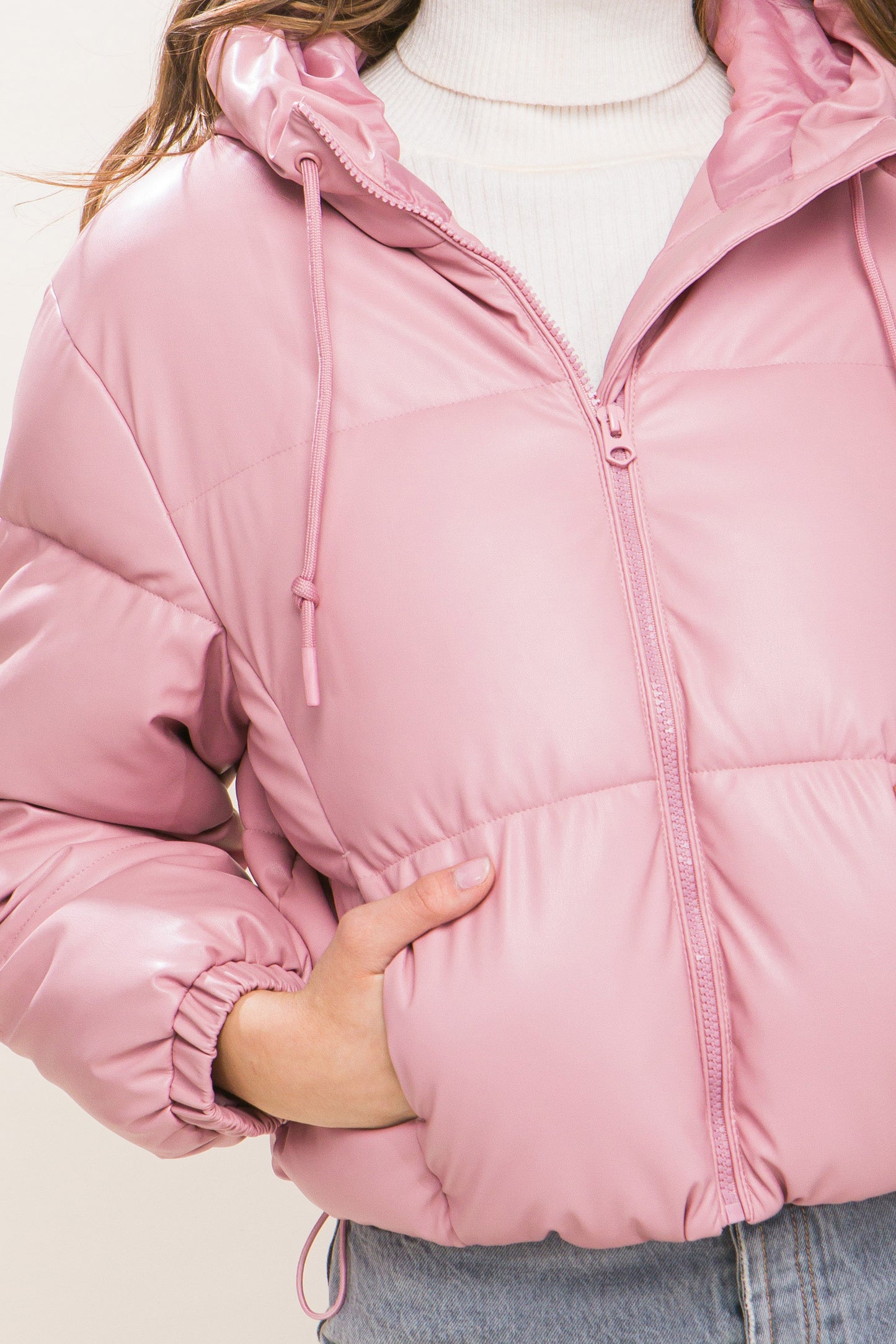 Pink Faux Leather Zipper Hooded Puffer Jacket - Katherine Jean