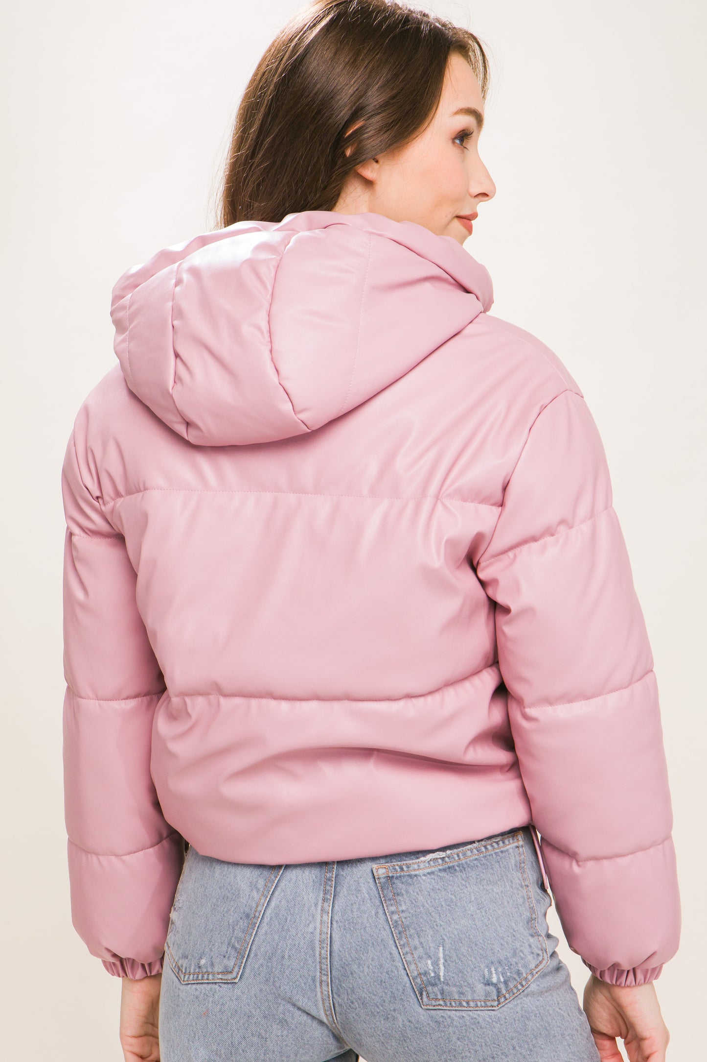 Pink Faux Leather Zipper Hooded Puffer Jacket - Katherine Jean