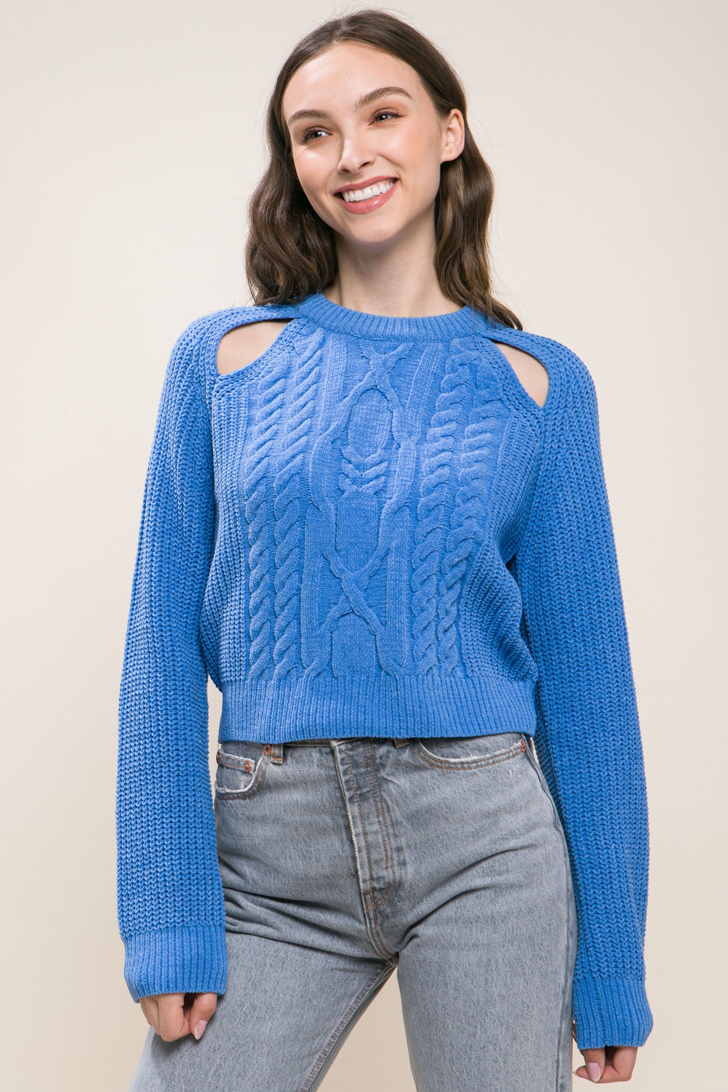 Blue Knit Pullover Sweater With Cold Shoulder Detail - Katherine Jean