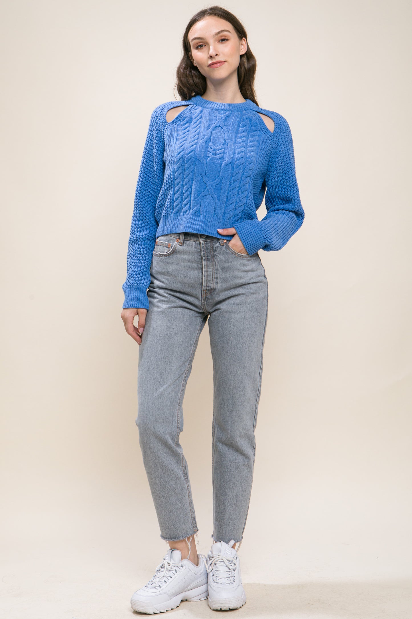 Blue Knit Pullover Sweater With Cold Shoulder Detail - Katherine Jean