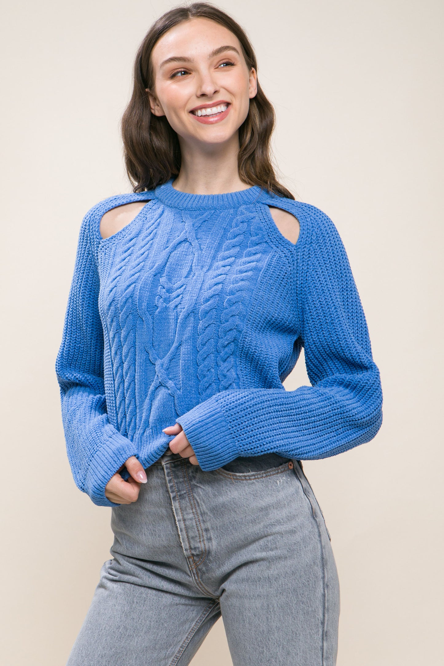 Blue Knit Pullover Sweater With Cold Shoulder Detail - Katherine Jean