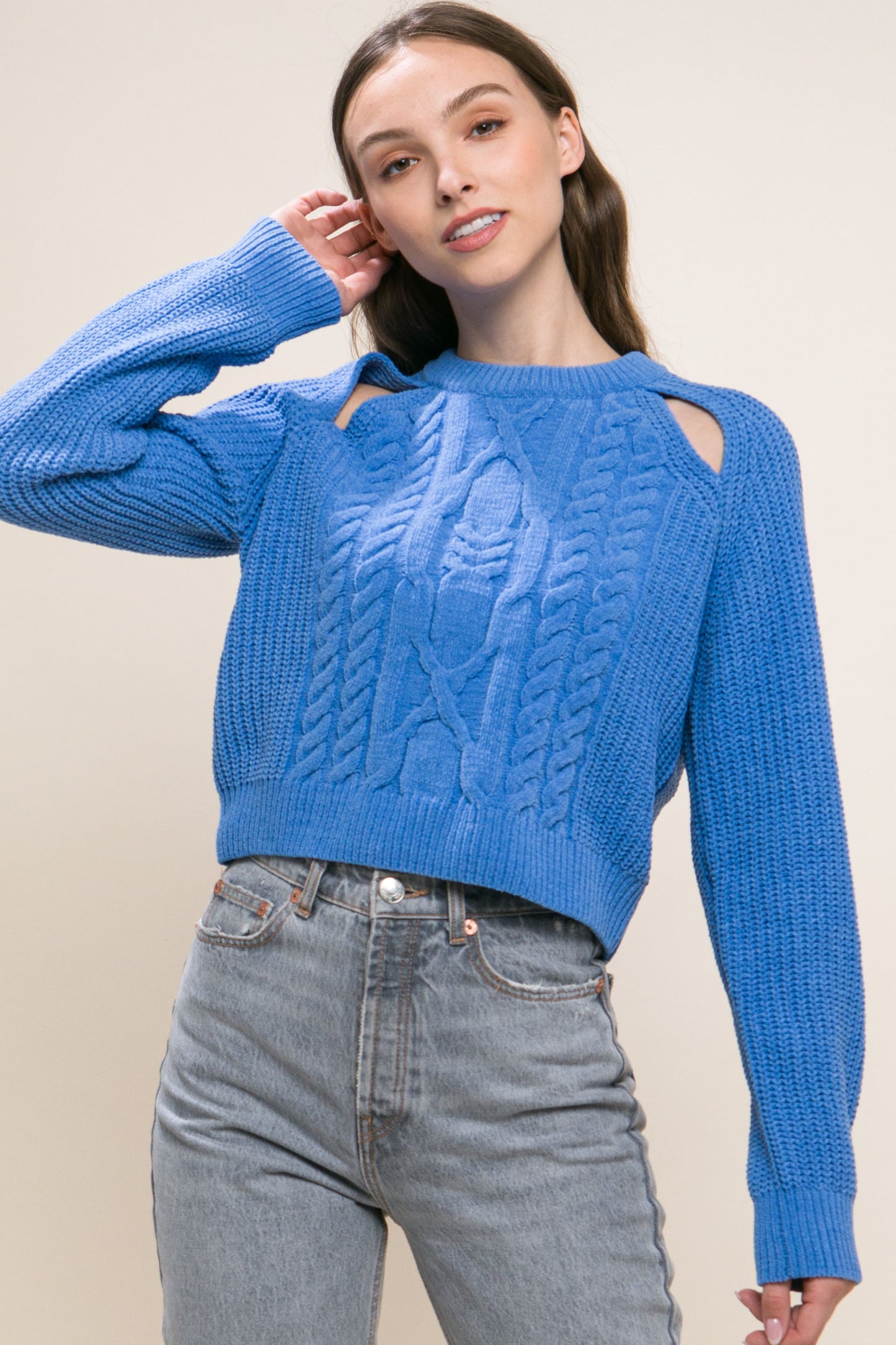 Blue Knit Pullover Sweater With Cold Shoulder Detail - Katherine Jean