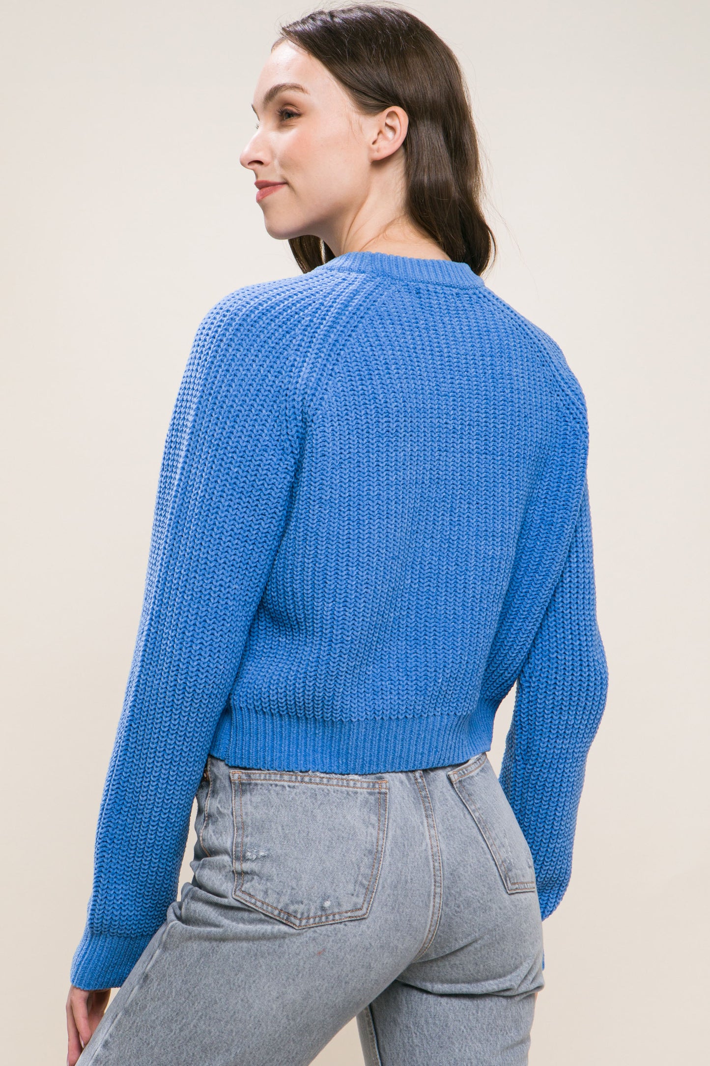 Blue Knit Pullover Sweater With Cold Shoulder Detail - Katherine Jean