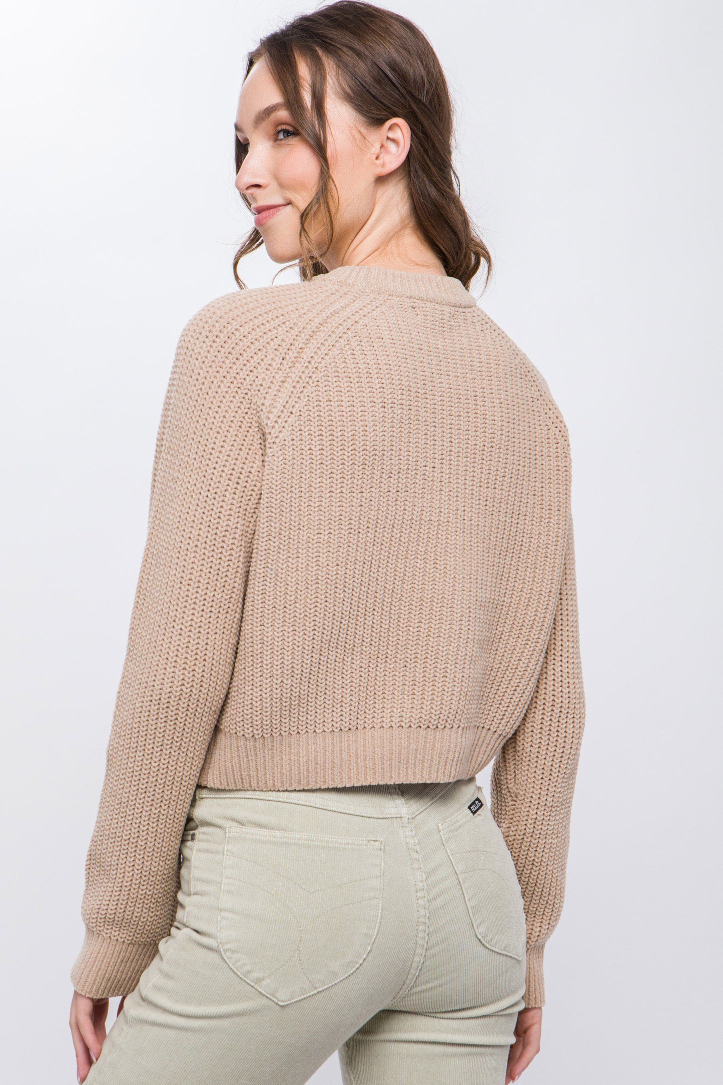 Khaki Knit Pullover Sweater With Cold Shoulder Detail - Katherine Jean