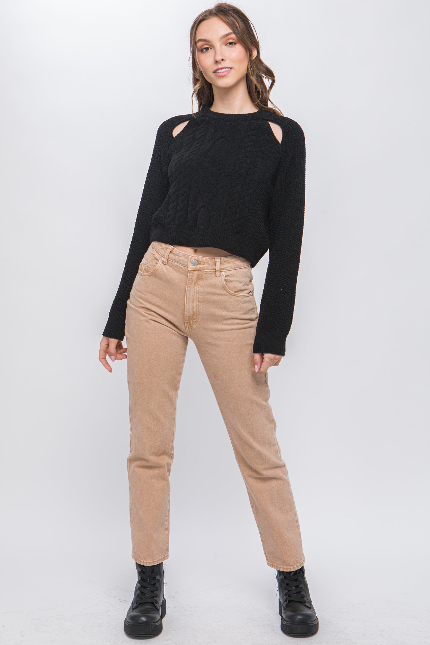 Black Knit Pullover Sweater With Cold Shoulder Detail - Katherine Jean