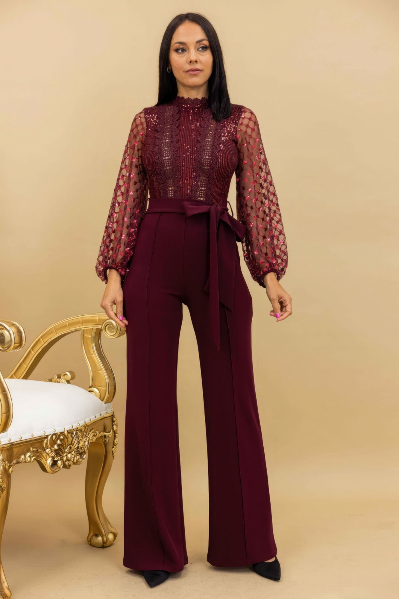 Wine Crochet Sheer Mesh Sequined Polka Dot Jumpsuit - Katherine Jean