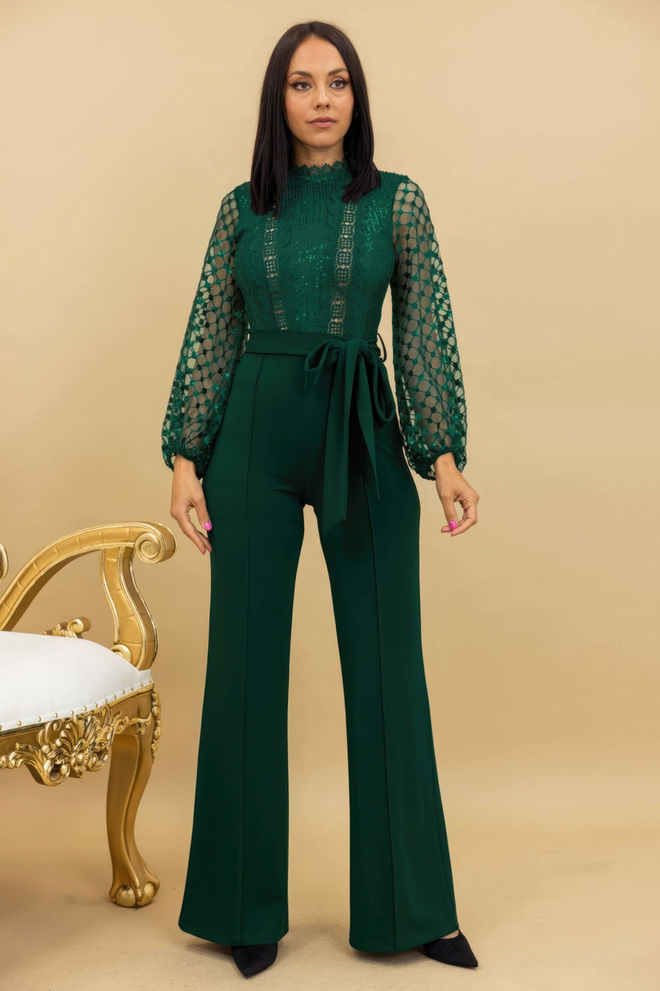 Hunter Green Crochet Sheer Mesh Sequined Polka Dot Jumpsuit - Katherine Jean
