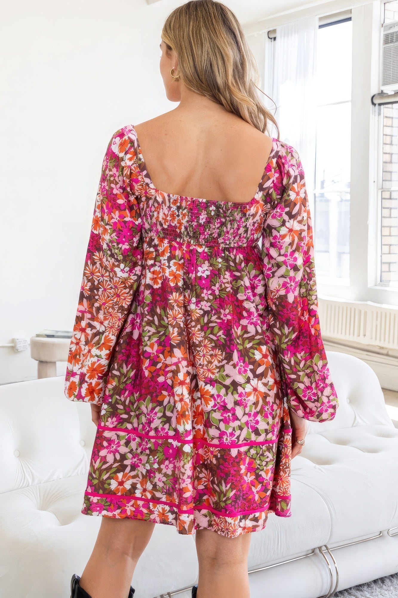 Floral Square Neckline Mini Dress - Katherine Jean