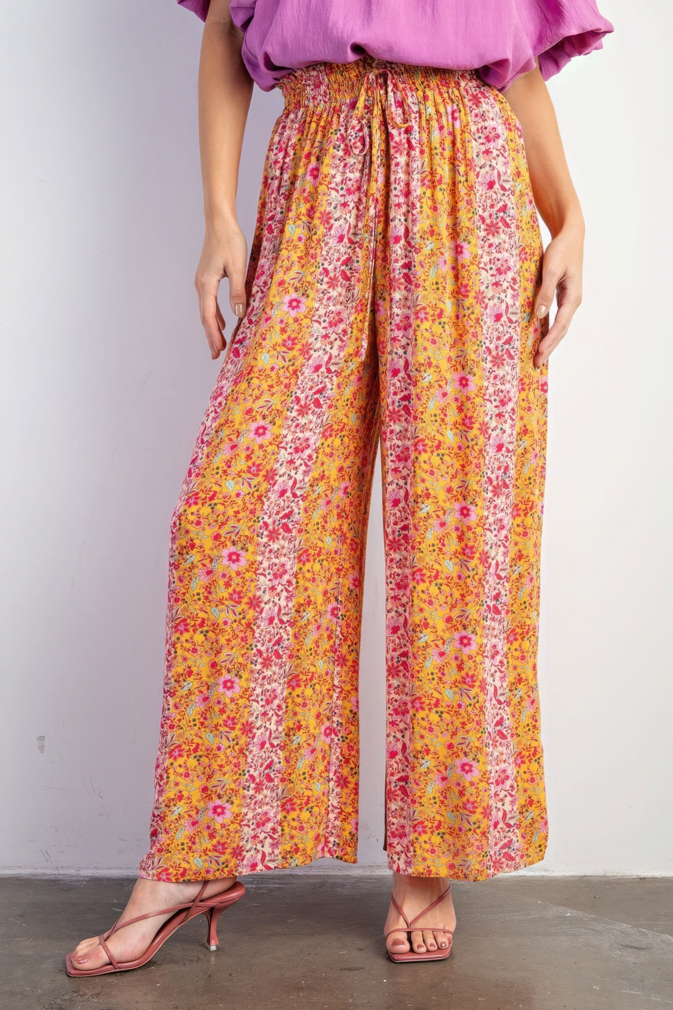 Apricot Floral Print Gauze Palazzo Pants - Katherine Jean