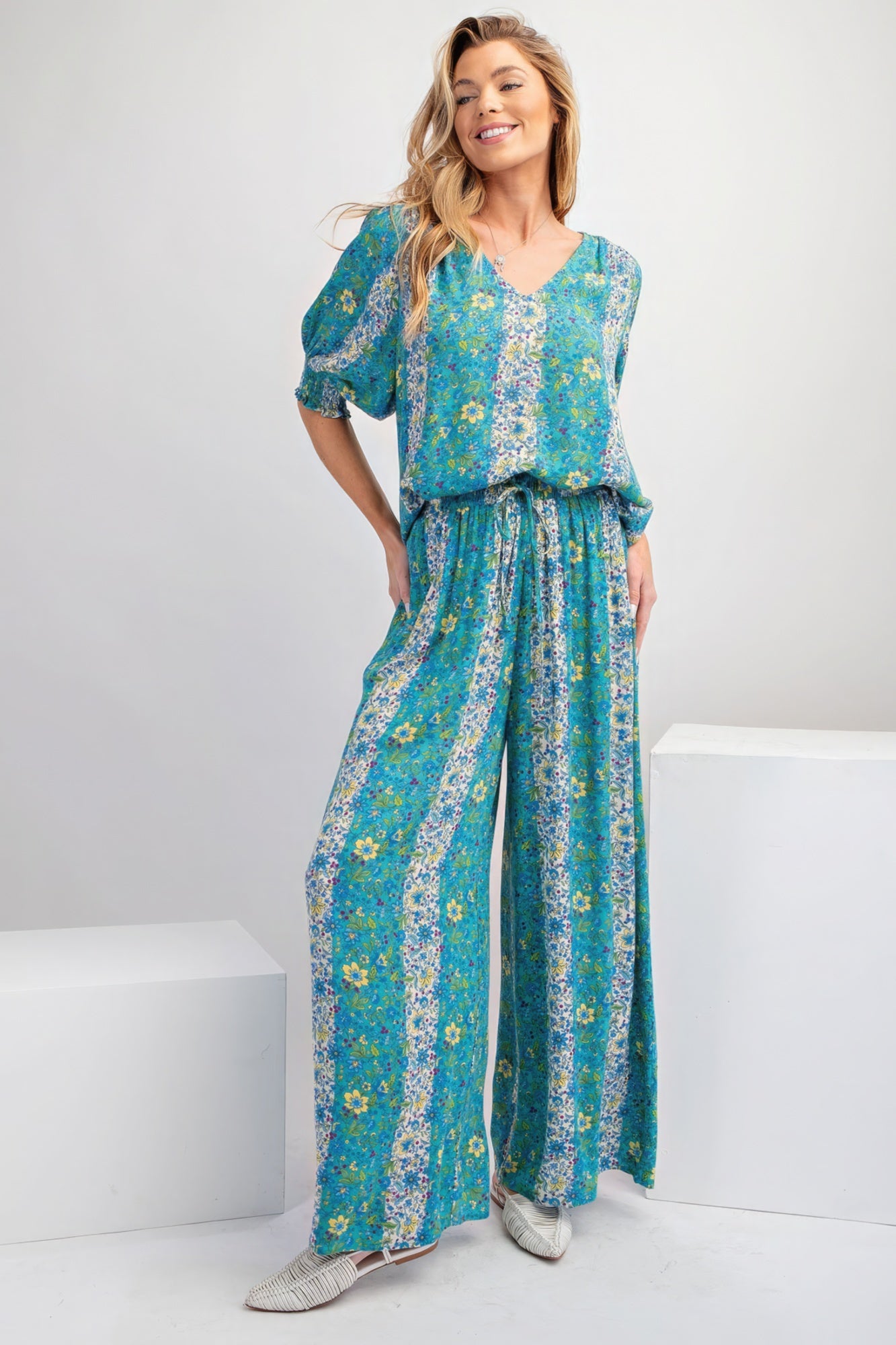 Blue Floral Print Gauze Palazzo Pants - Katherine Jean