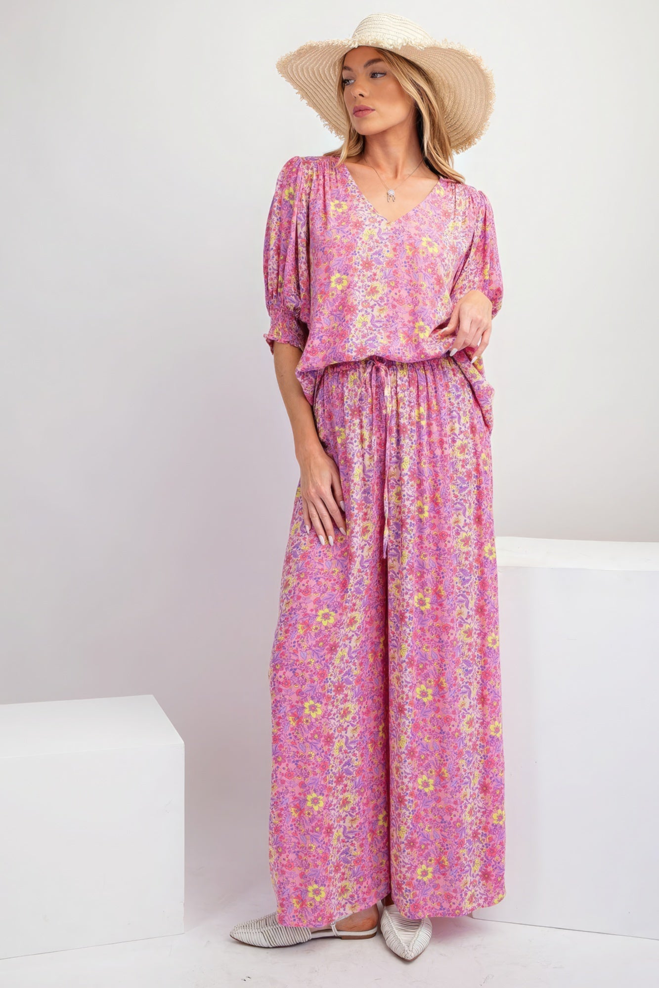 Pink Floral Print Gauze Palazzo Pants - Katherine Jean
