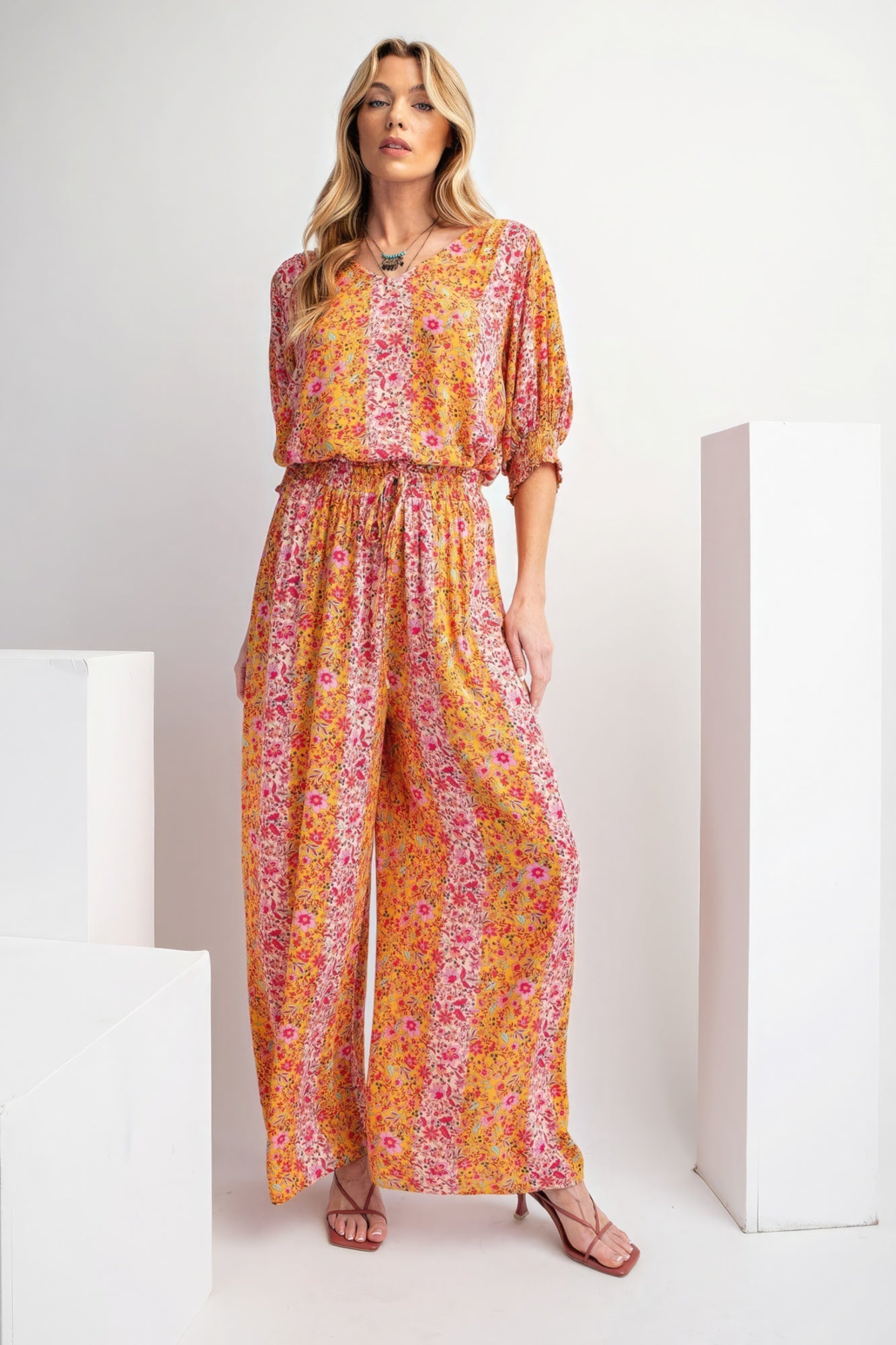 Apricot Floral Print Gauze Palazzo Pants - Katherine Jean