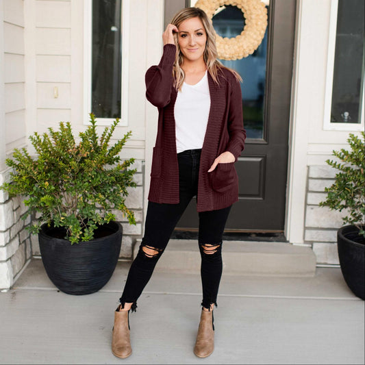Shawl Collar Patch Pocket Long Sleeve Open Cardigan - Katherine Jean