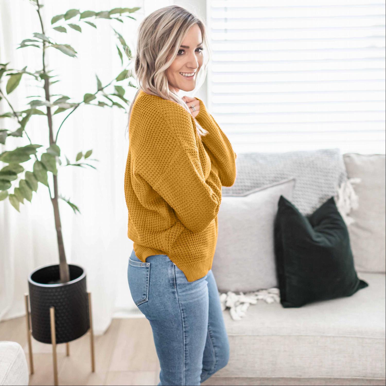 Waffle Knit Round Neck Long Sleeve Low-gauge Sweater With Side Slit - Katherine Jean