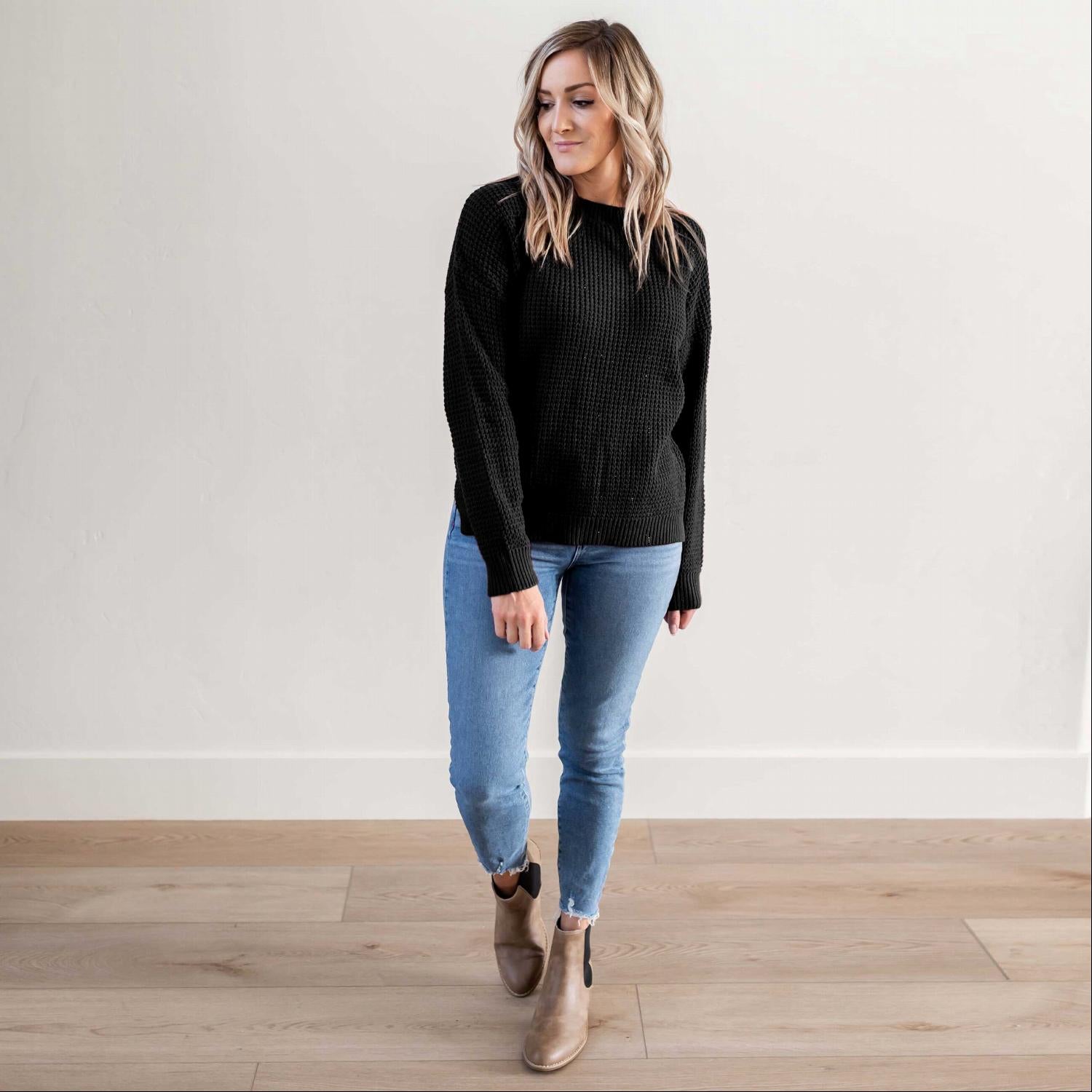 Waffle Knit Round Neck Long Sleeve Low-gauge Sweater With Side Slit - Katherine Jean